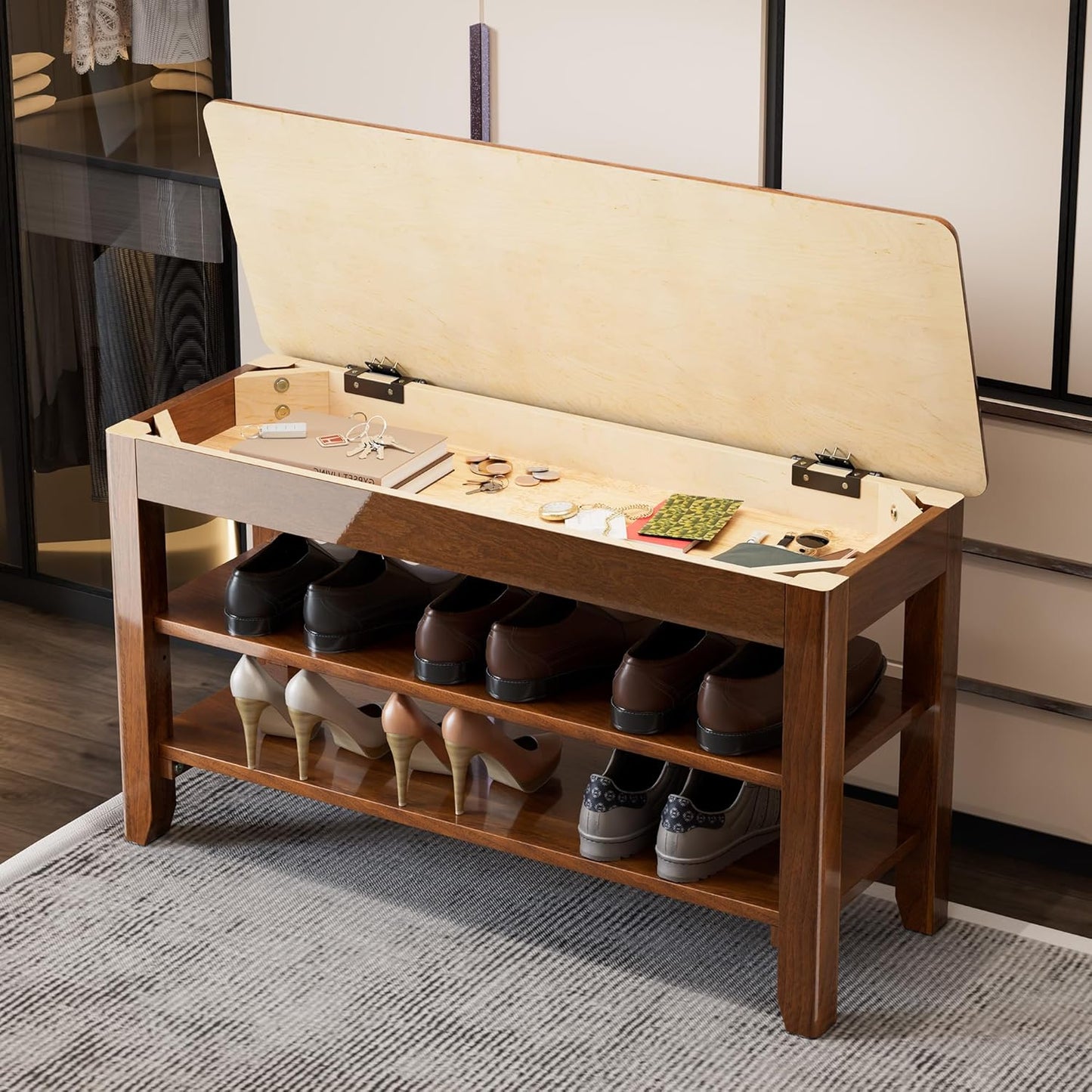 Shoe Storage Bench for Entryway - 3 Tier Shoe Rack for Front Door Entrance, Rubberwood Shoes Rack Height Adjustable, Entryway Bench with Shoes Storage for Any Room (Walnut, 31.5" W)