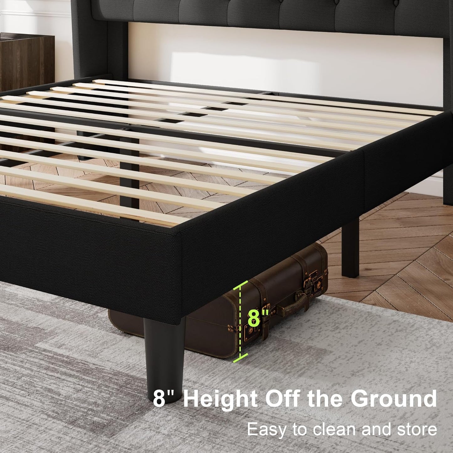 Feonase Full Size Bed Frame with Upholstered Wingback Headboard,Button Tufted Platform Bed and Heavy Duty Wooden Slats Support,Easy Assembly, Noise-Free,No Box Spring Needed, Black