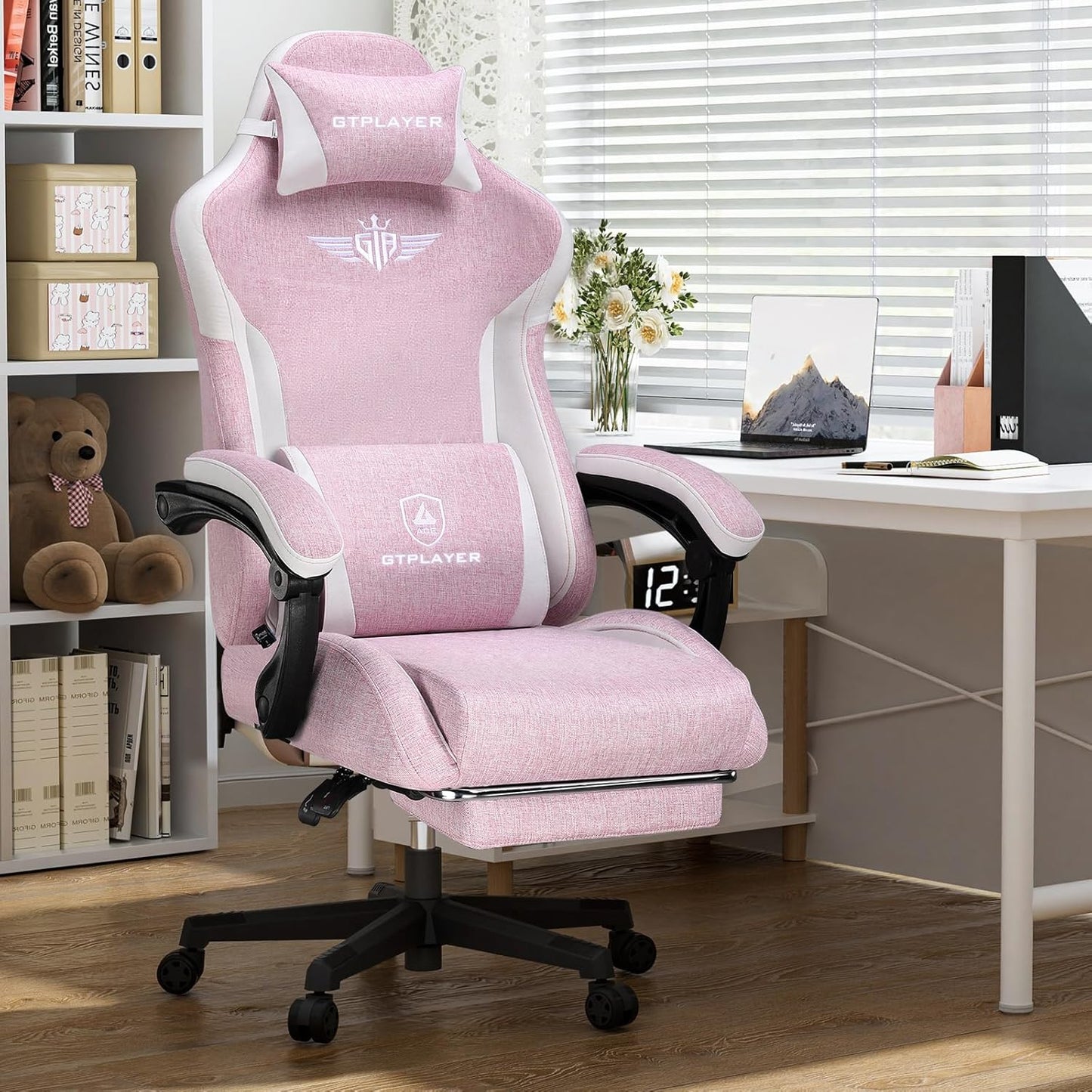 GTPLAYER Gaming Chair with Footrest, Big and Tall Game Chair High Back Computer Office Chair with Lumbar Support for Adults, Ergonomic Swivel Games Chair with Cushion Gaming Black Linen Fabric Pink