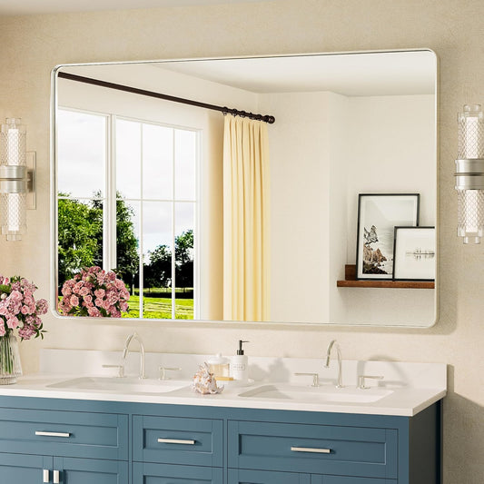 TETOTE 55 x 36 Inch Brushed Nickel Mirror Metal Framed Bathroom Mirror, Tempered Glass, Modern Farmhouse Wall Mounted Mirror for Decorative(Horizontal/Vertical)