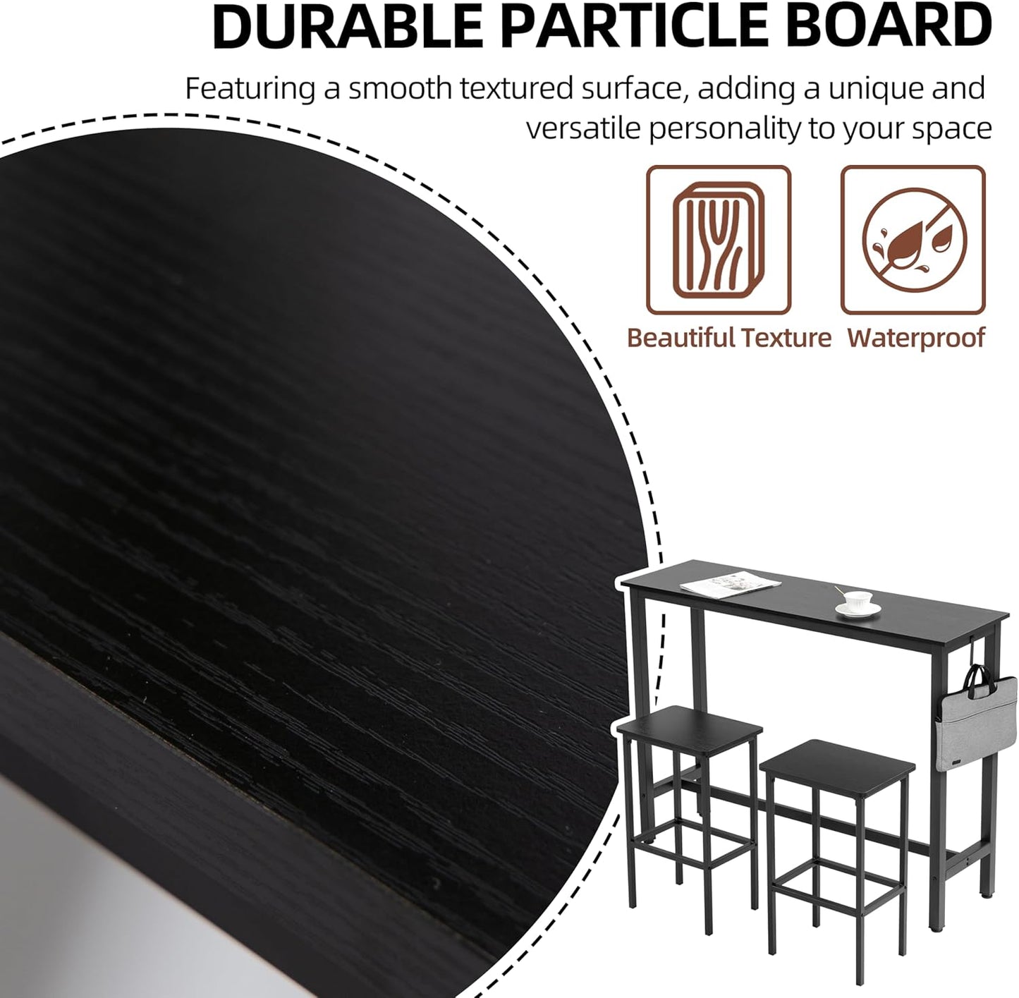 Finnhomy 52.7" Industrial Bar Table Set with 2 Stools - Counter Height Dining & Pub Table for Small Spaces, Kitchen, Apartment, Breakfast Nook - Metal & Wood, Space-Saving Furniture - Rustic Black