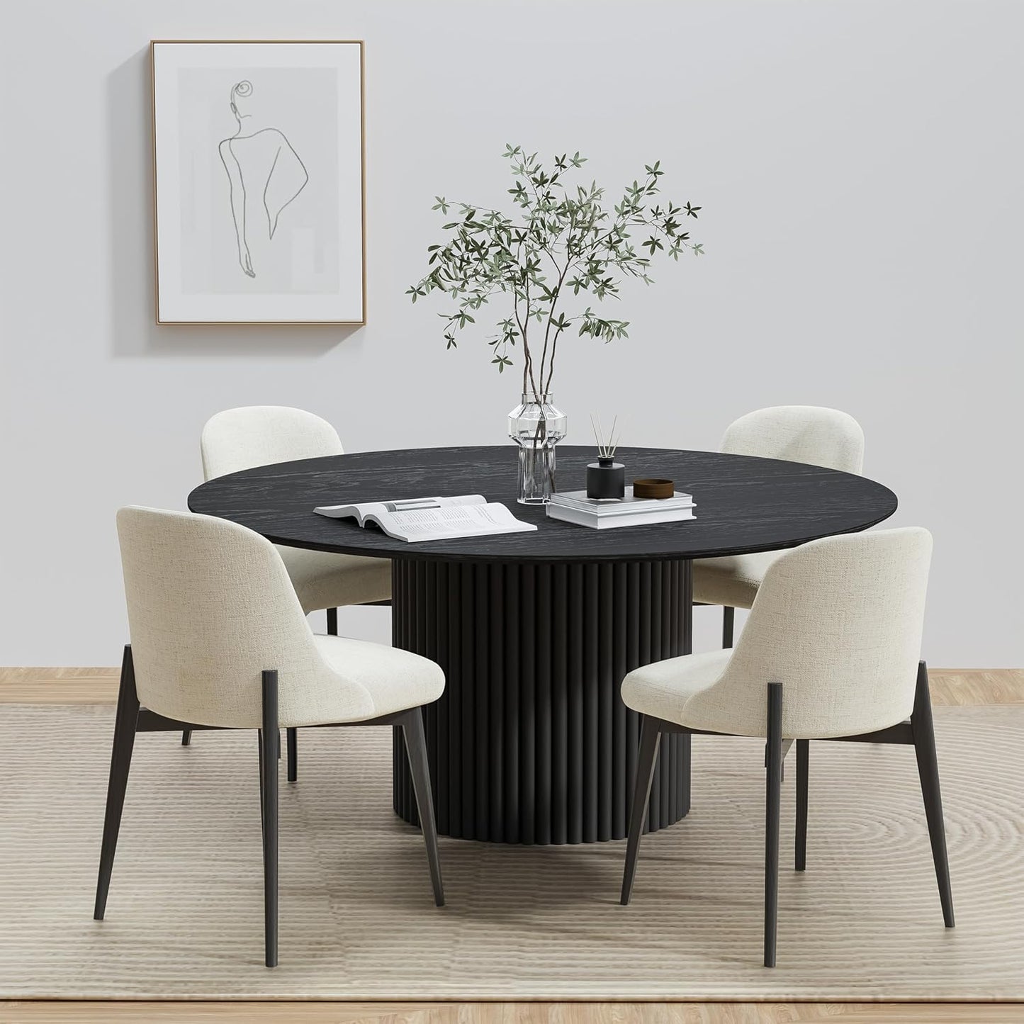 Casaphoria Kitchen Table Set with 4 Chairs, 59" Round Dining Kitchen Table & Chairs Set for 4-6, Wood Modern Dining Table for Living Room, Easy Assembly, Black