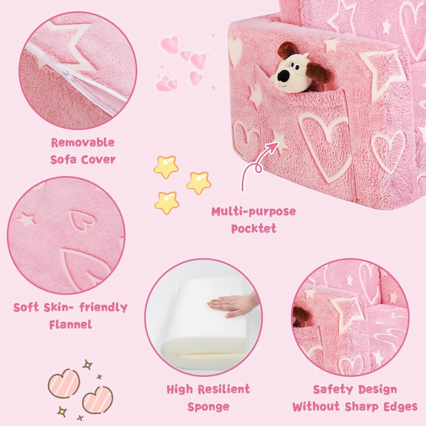 Toddler Chair Comfy,2-in-1 Soft Toddler Couch Fold Out for Kids,Convertible Sofa to Lounger,Gift for Girls and Boys Birthday,Heart,Large