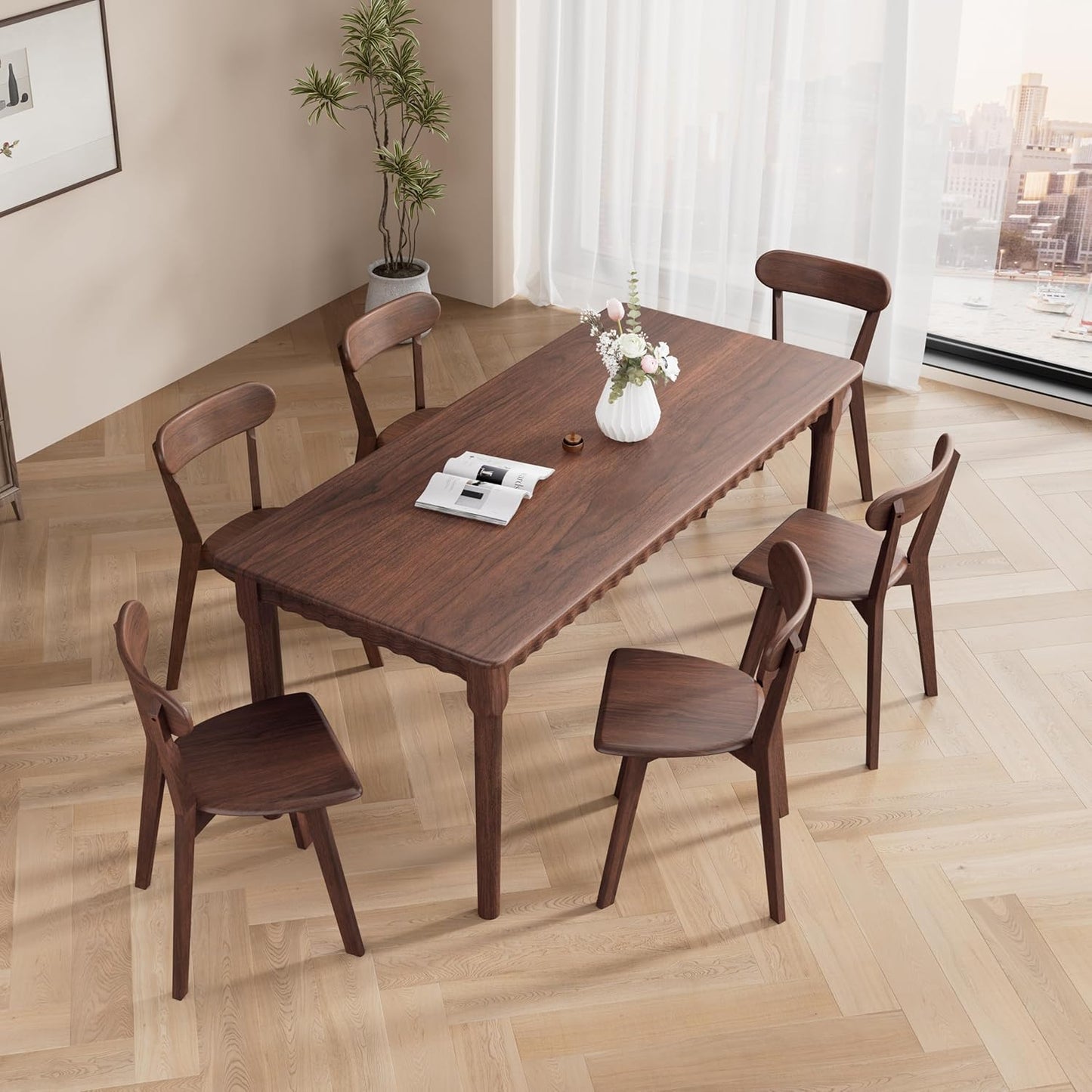 Solid Wood Dining Chairs Set of 6, Wooden Dining Room Chairs for Whole Family Use, Farmhouse Kitchen Chairs Set Suitable for Dining Room, Living Room, Walnut