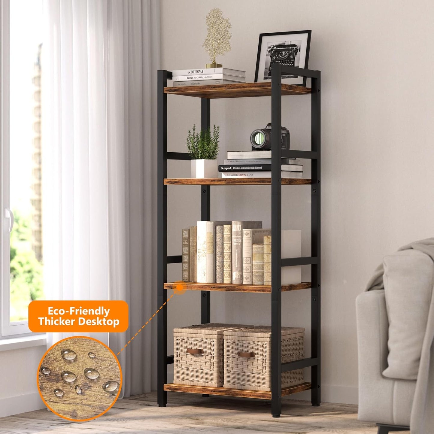 Book Shelf, 4 Tier Bookcase with Steel Frame, Stable Bookshelf Narrow Book Shelves Storage Organizer for Book CD Movie, Open Bookshelves for Living Room, Home Office, Study, Rustic Brown