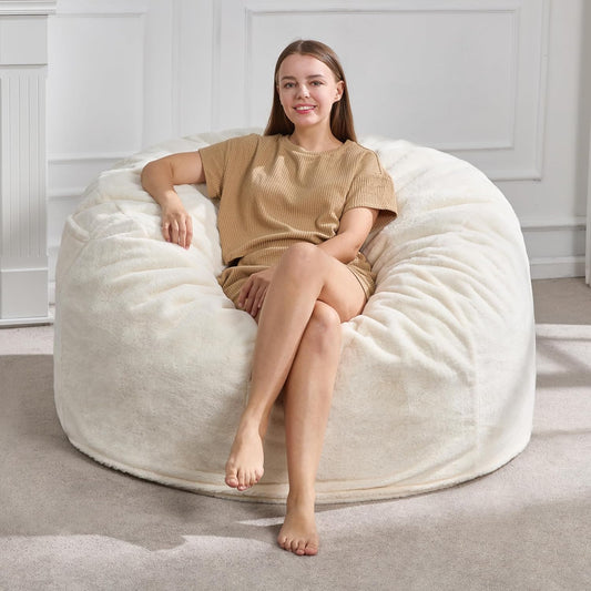 Hobestluk 4FT Bean Bag Chairs for Adults Large Beanbag Chair with Plush Faux Fur Cover Big Bean Bag Chair for Living Room Bedroom Dorm Office - White (44” x 44” x 24”)