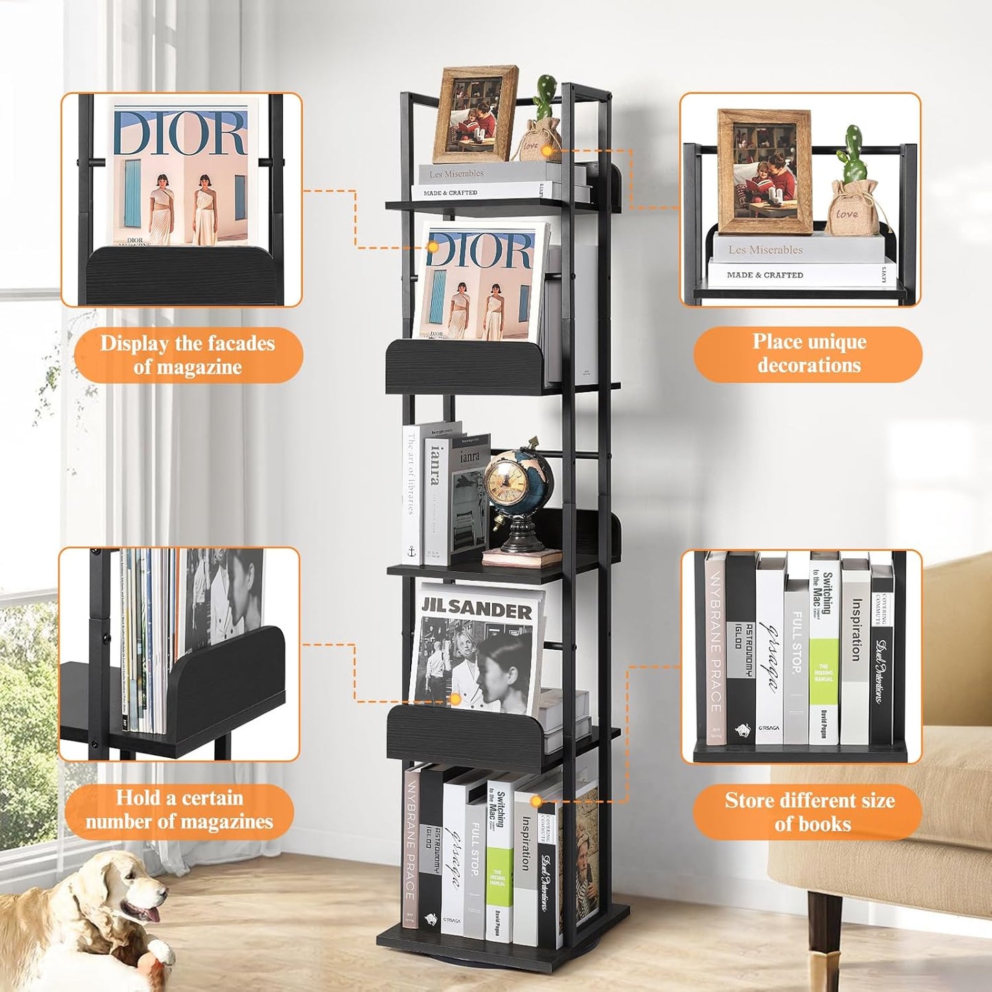 Bikoney Rotating Bookshelf, 5-Tier Bookshelves Tower for Corner, Small Narrow Bookcase, Tall Industrial Bookshelf, Wood and Metal Black