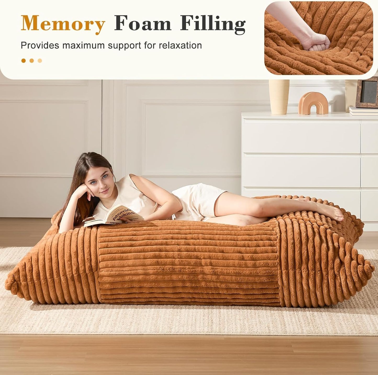 3-in-1 Giant Bean Bag Chair for Adults & Kid, Convertible Floor Sofa to Mattress, High-Density Foam Chair Bed with Washable Cover, Multi Functional Lounge Couch for Bedroom, Living Room (Orange)