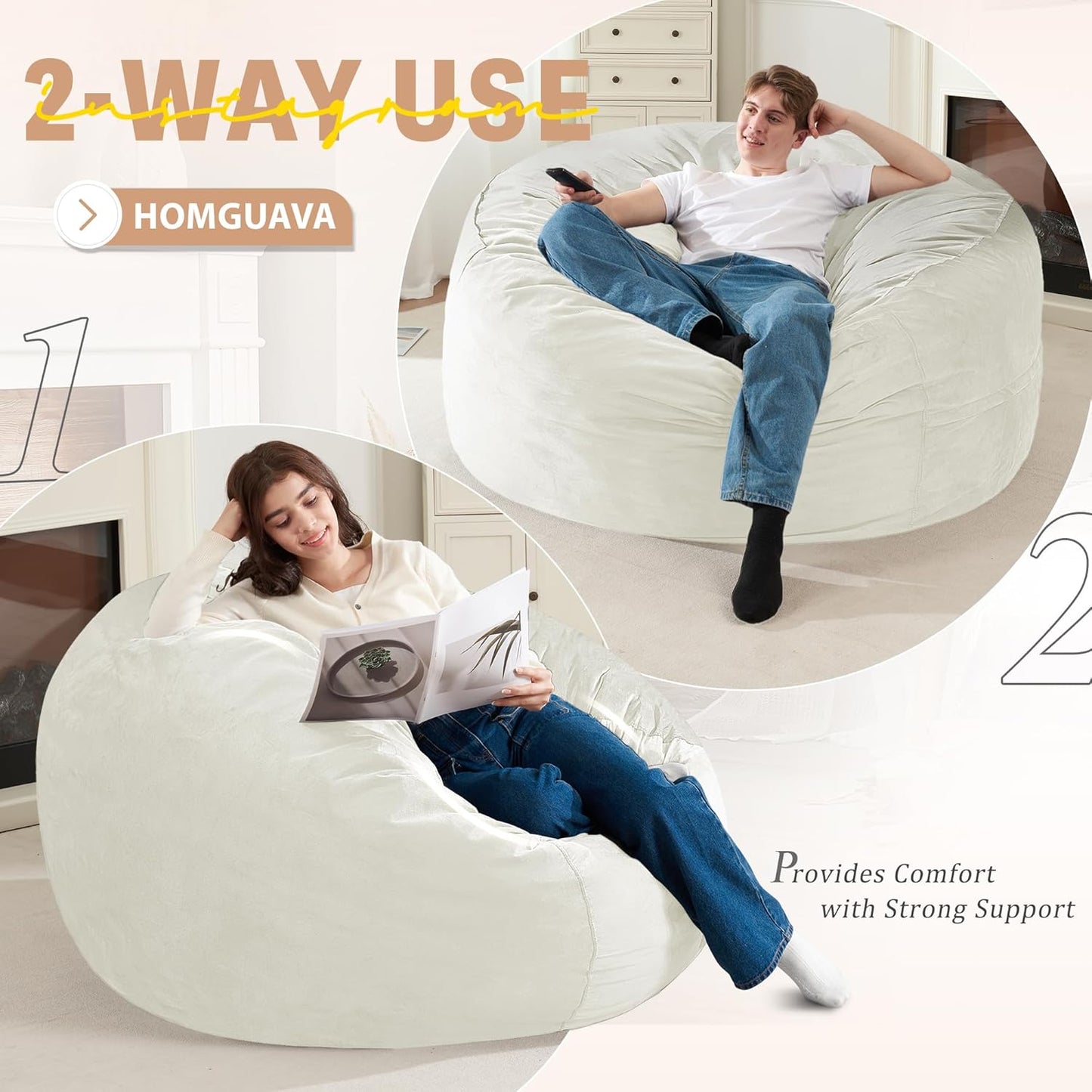 Homguava 4 FT Bean Bag Chair: 4' Bean Bags with Memory Foam Filled, Large Beanbag Chairs Soft Sofa with Dutch Velvet Cover-Beige