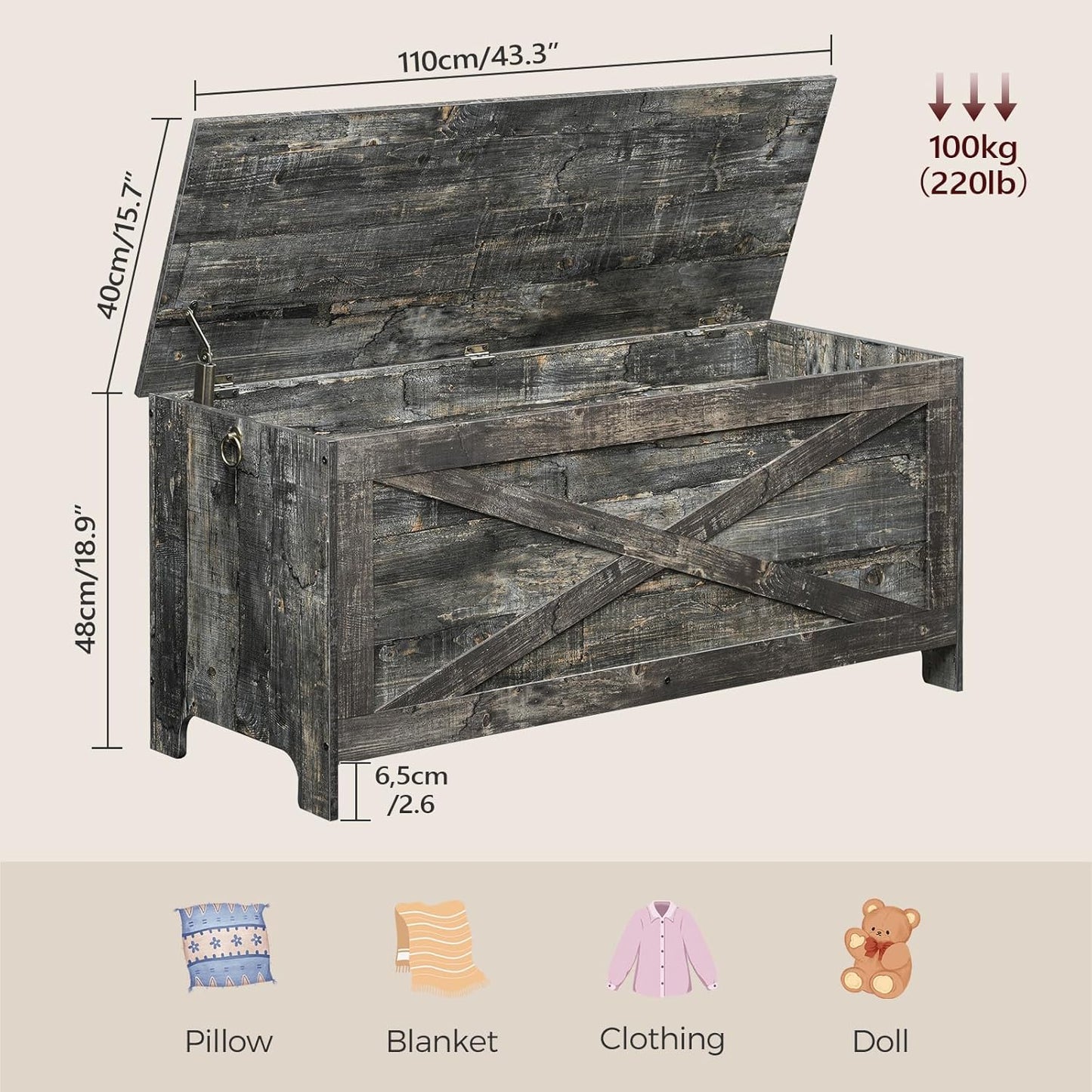 43.3" Toy Chest, Sturdy Entryway Storage Chest with Safety Hinges, Retro Toy Box, Wooden Look Accent Furniture for Living Room, Bedroom, Vintage Gray SCRP48501