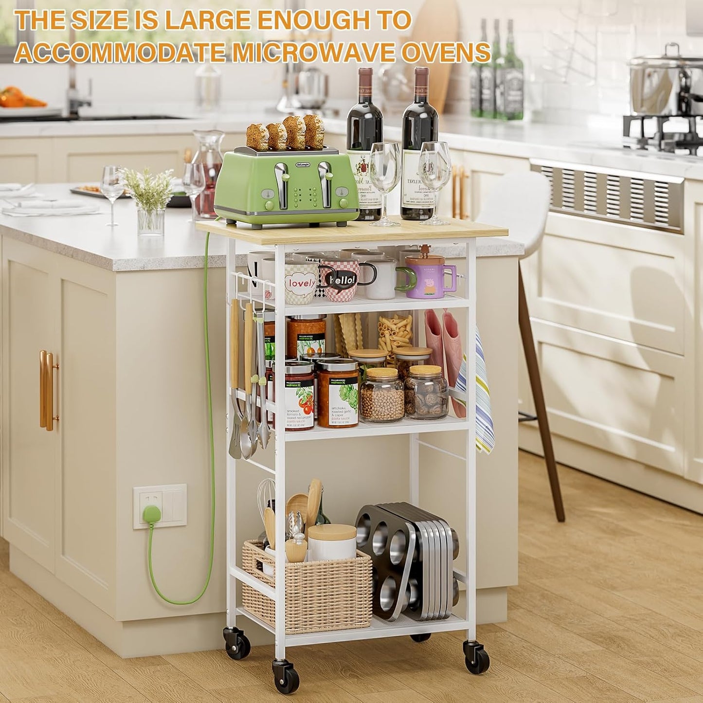 Rolling Kitchen Microwave Cart, 4 Tier Microwave Table Stand with Storage, Kitchen Storage Rack on Wheels, Coffee Station Cart Rack Shelf Organizer for Living Room Office, Balcony