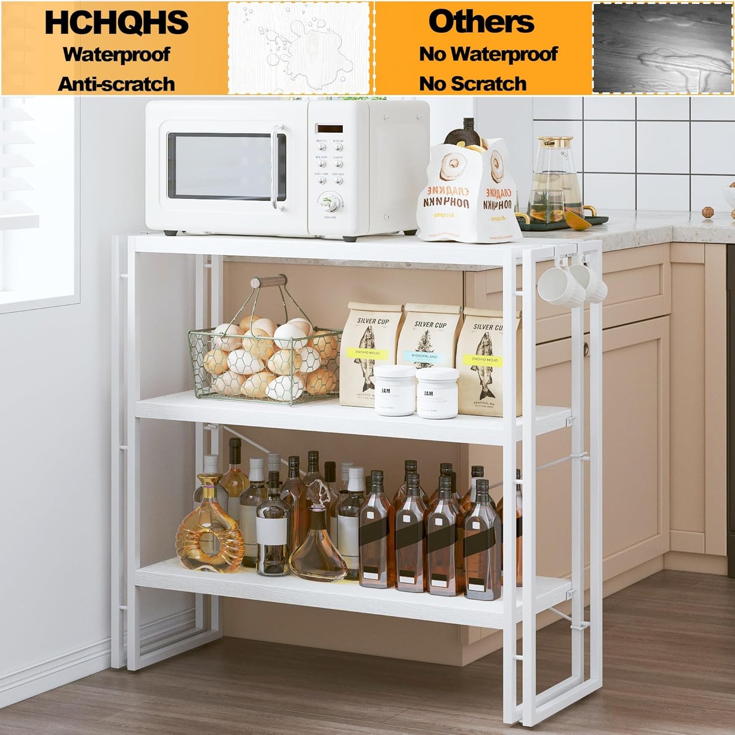 HCHQHS Bookshelf, 3-Tier Industrial Bookcase, White Open Book Shelf, Freestanding Horizontal Bookshelves with Metal Frame