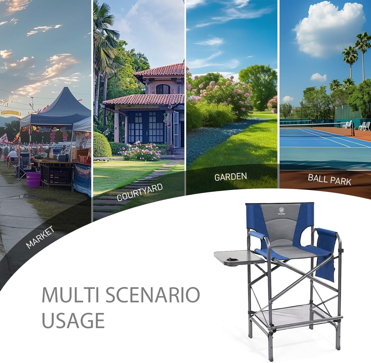 EVER ADVANCED 2 Piece Tall Folding Chair 30.7" Seat Height Directors Chair High Foldable Bar Stool for Makeup Artist Face Painting with Side Table Cup Holder Supports 350LBS