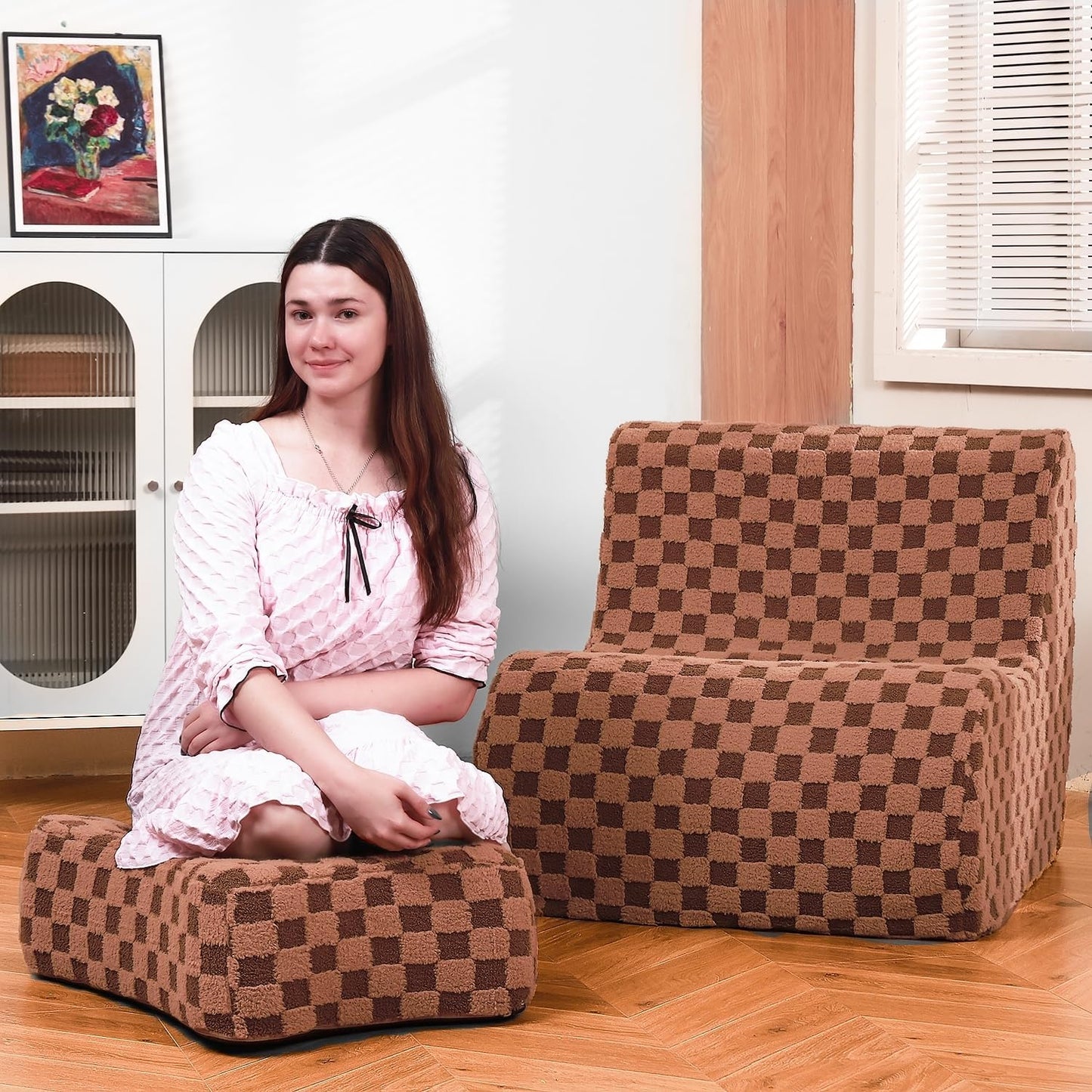 Giant Bean Bag Chair for Adults with Ottoman, Teddy Fabric Beanbag Chair with Memory Foam Filled,Plush Lazy Floor Sofa with Footstool Couch for Living Room,Bedroom,Dorm, Apartment, Brown