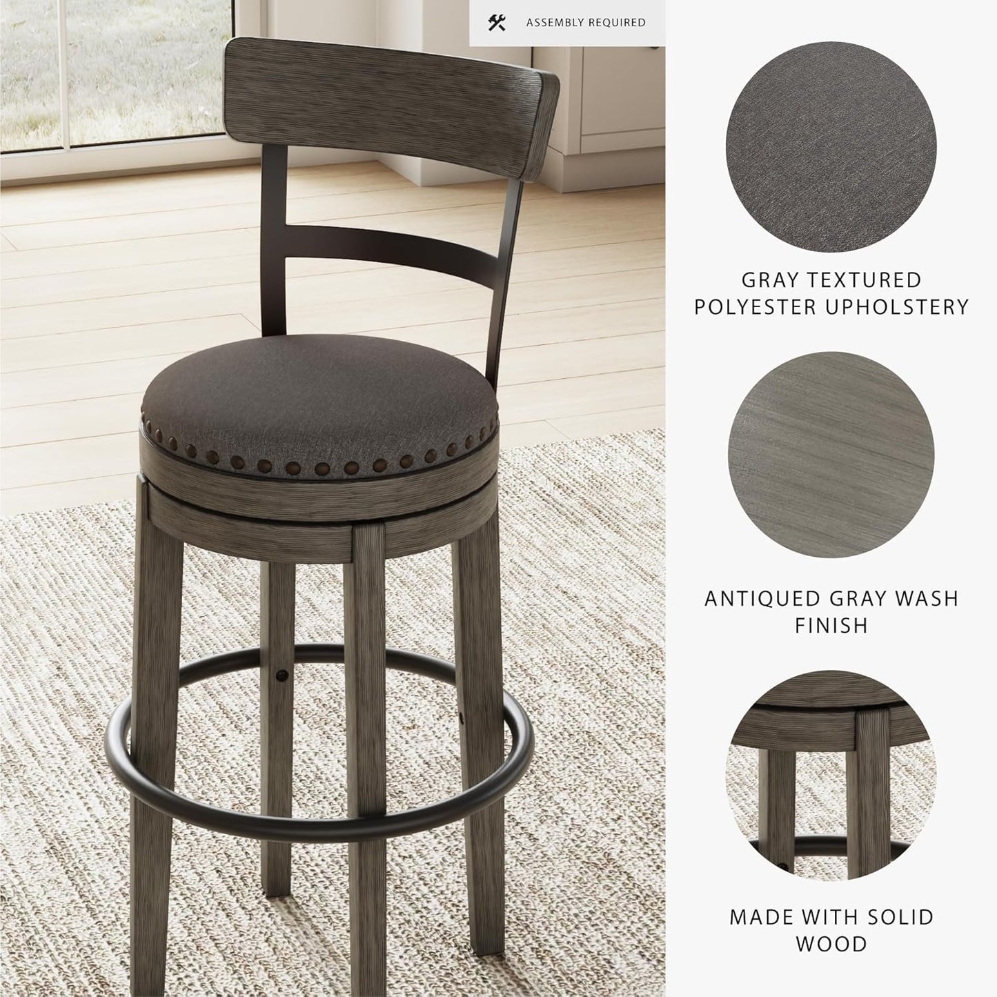 Signature Design by Ashley Caitbrook 30" Farmhouse Bar Height Upholstered Swivel Barstool, Gray