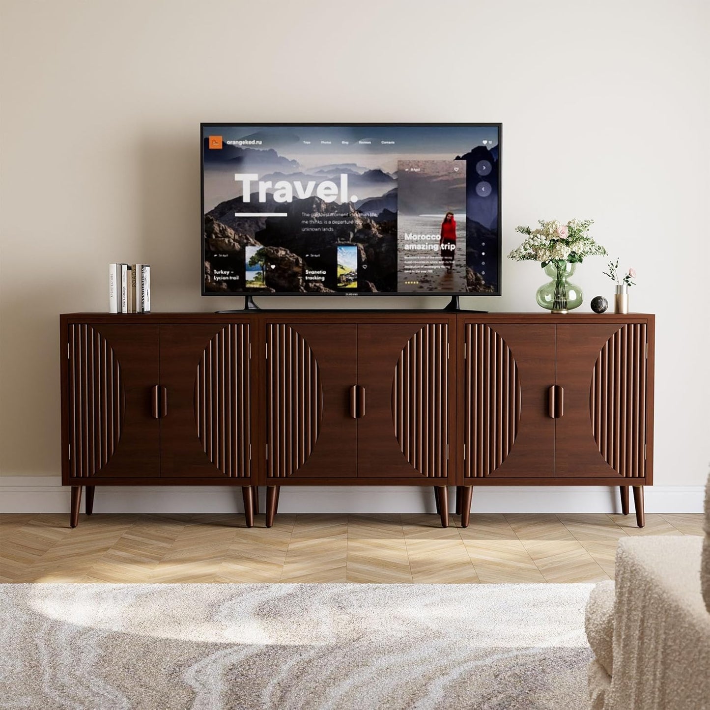 COSIEST Set of 3 30" Storage Sideboards with Doors, Accent Cabinets with Magnetic Push-to-Open Doors, Brown Line Pattern, Entryway Console for Living Room, Kitchen, Hallway