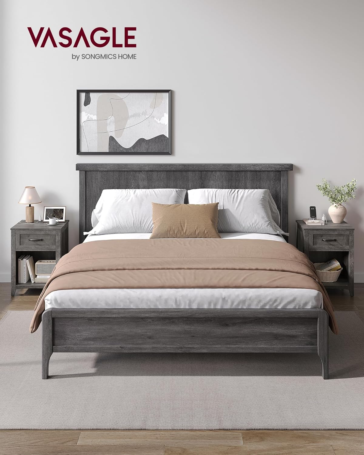 VASAGLE LIRY Collection - Farmhouse Nightstands with Charging Station, Set of 2 Bedside Tables, Side Tables with Drawer, Open Compartment, for Bedroom, Misty Gray ULET859G01