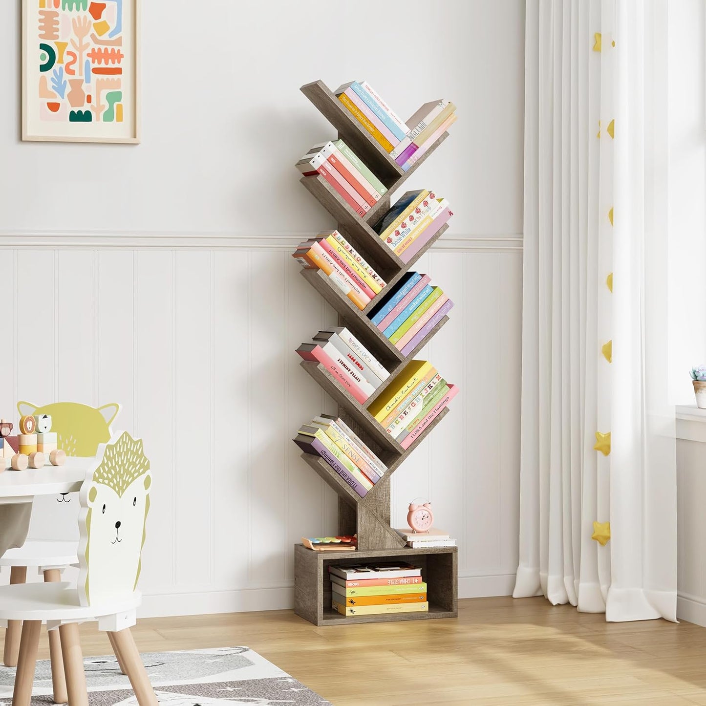 Hoctieon 9 Tier Tree Bookshelf, Tall Bookcase with Drawer, Wood Book Shelf, Modern Floor Standing Bookshelves, Book Organizer Shelves for Bedroom, Living Room, Home Office, Greige