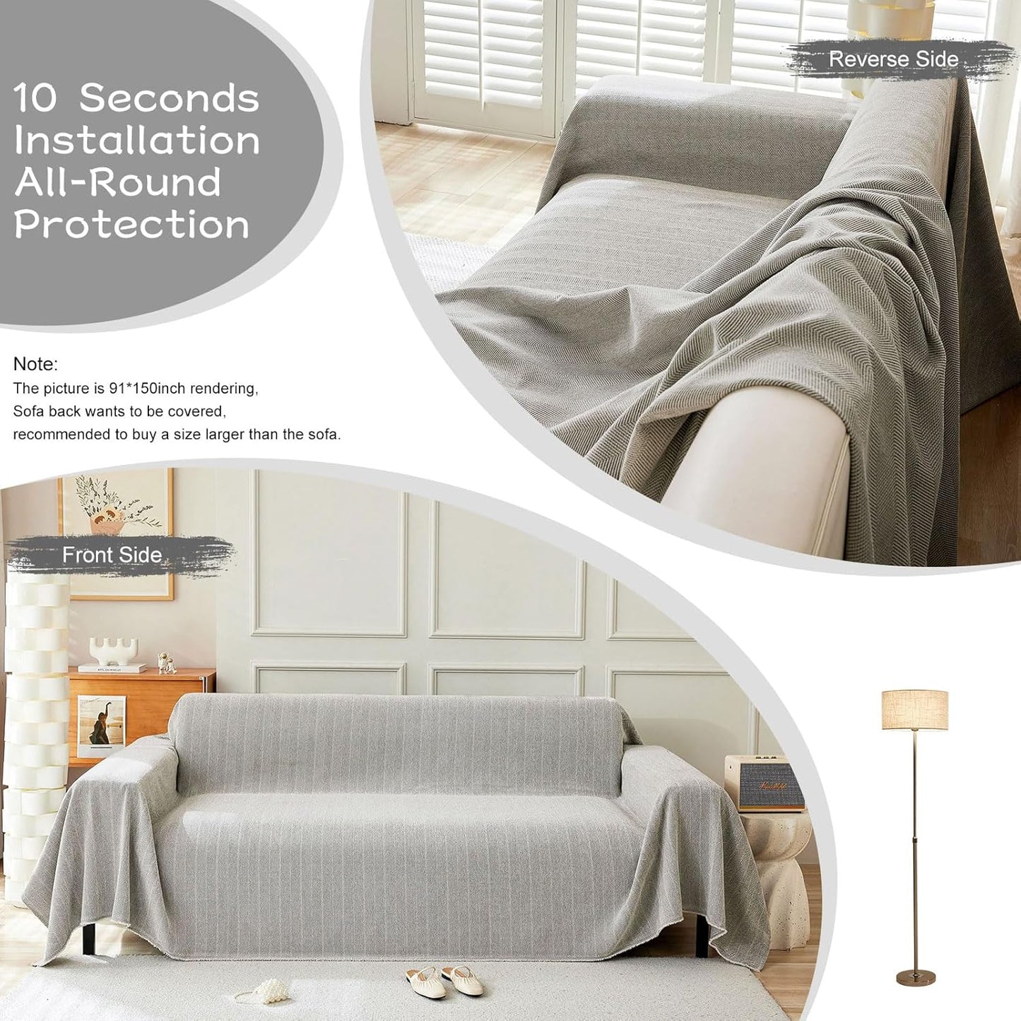 STACYPIK Silver Gray Sofa Cover for Dog, Herringbone Sectional Couch Cover, Pet Friendly Protector for 3 Cushion Couch, Non-Slip L Shaped Sofa Covers, Washable Multi-use Jacquard Blankets-91X150IN