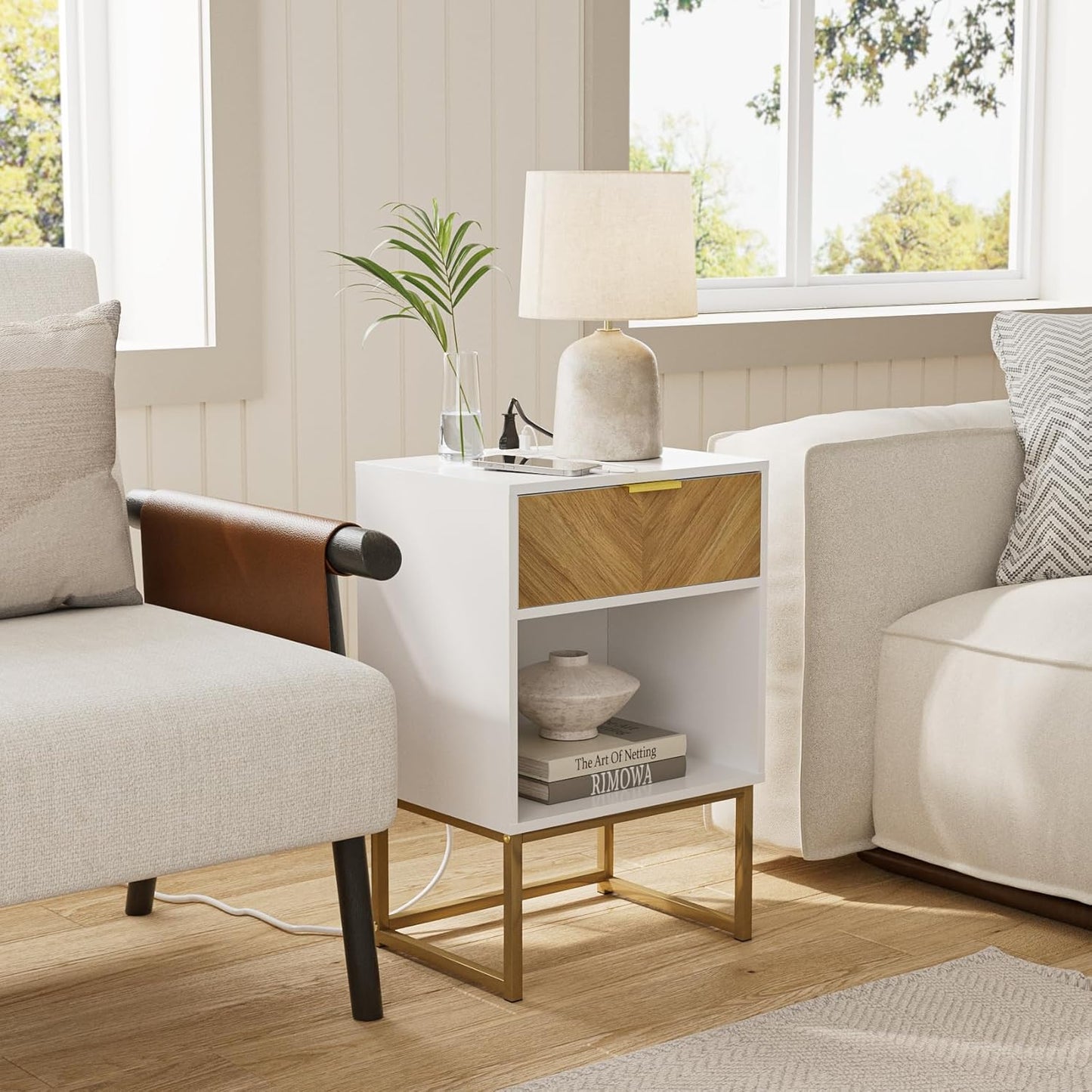 Masupu Extra Large Nightstand with Charging Station,Boho Night Stand Modern Farmhouse Wood Bedside Table with Storage Drawer and Open Shelf,Side End Table for Bedroom,Living Room,Office White