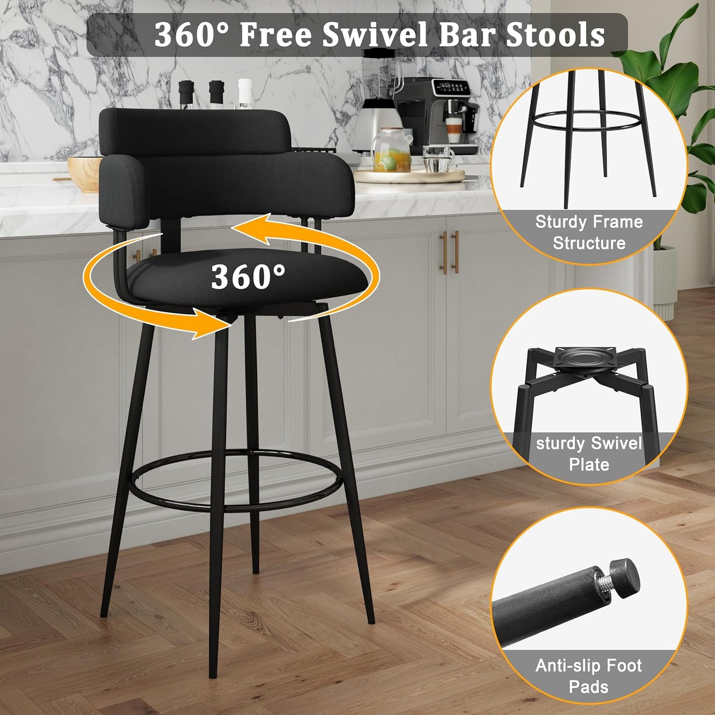 Swivel Bar Stools Set of 2, Counter Height Bar Stools with Ergonomic Full Back, Upholstered Linen Fabric Barstools with Chrome Metal Footrest for Kitchen Island, Dining Room