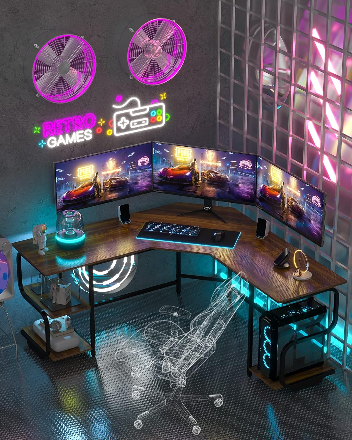 Teraves Modern L Shaped Desk with Shelves,64.84" Computer/Gaming Desk for Home Office,Corner Desk with Desktop (Teak+Black Frame, Large+4 Tier Shelves)