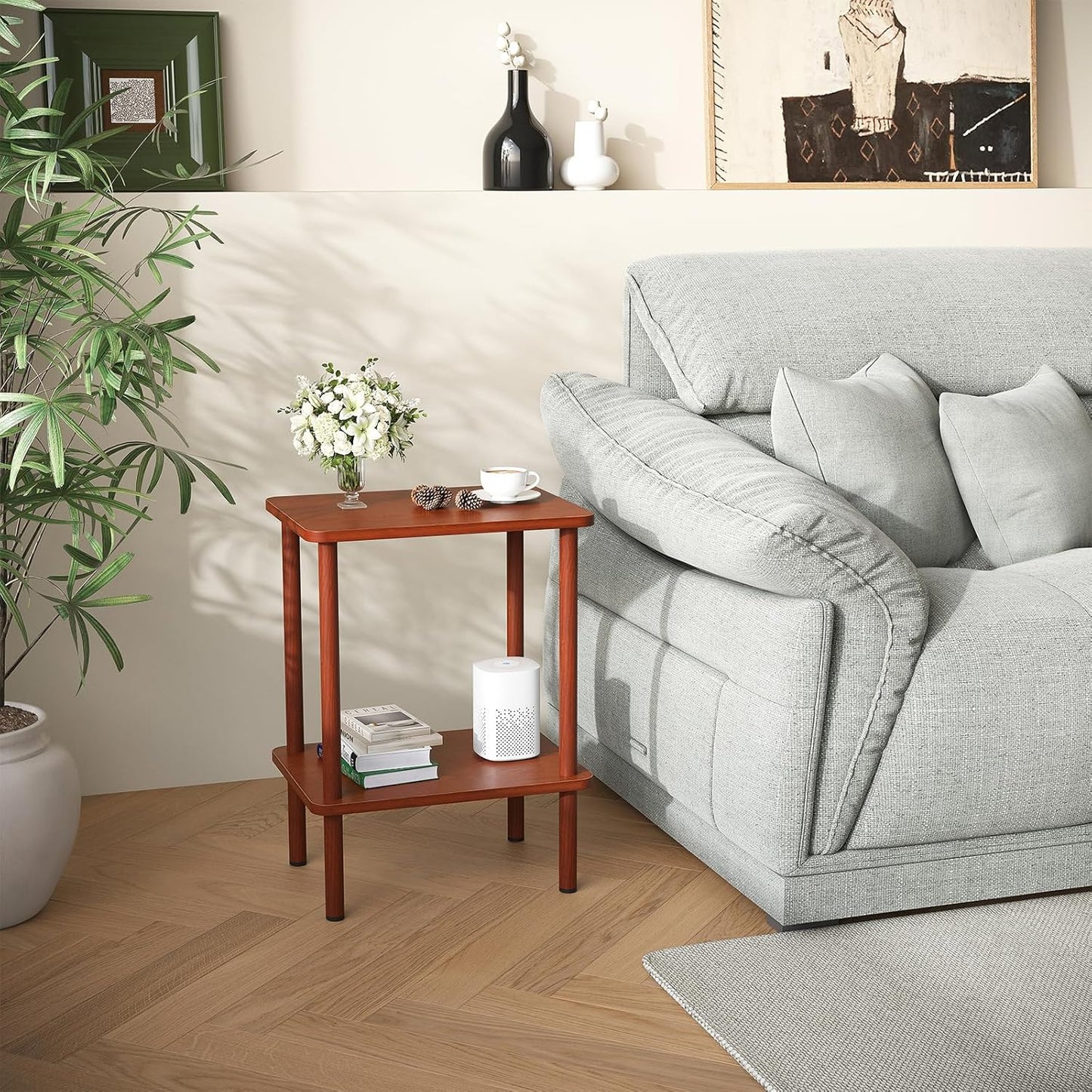 Apicizon 2 Tier End Table, Small Side Table with Solid Wood Legs, Boho Bedside Table with Storage Shelf, Nightstand for Small Spaces, Bedroom, Living Room, Entryway, Easy Assembly, Vintage Brown