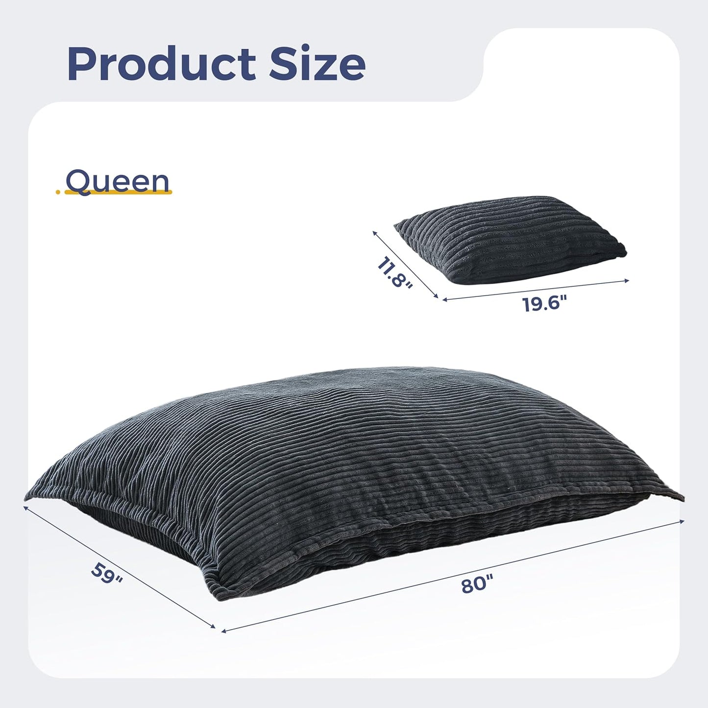 MAXYOYO Giant Bean Bag Chair with Pillow, 3 in 1 Convertible Bean Bag Chair for Adults with Washable Cover, Removable Floor Cushion Stuffed Floor Lounger for Living Room Bedroom, Dark Grey, Queen