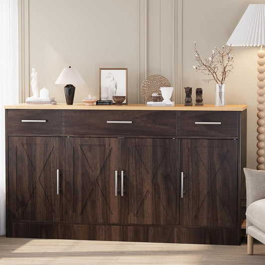 Shintenchi Sideboard Buffet Cabinet with Storage,53.4" Large Kitchen Buffet Storage Cabinet with 3 Drawers and 4 Doors,Wood Farmhouse Sideboard with Adjustable Shelf for Kitchen, Living Room,Brown