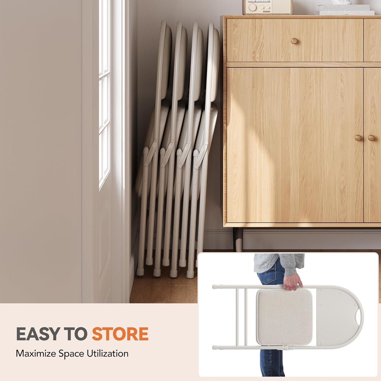 GarveeHome 4 Pack Folding Chairs with Fabric Padded, Metal Foldable Chair Linen Cushion and Back for Indoor Outdoor, Commercial Stackable Guest Chairs for Camping, Dining Room, Office, Wedding, Beige