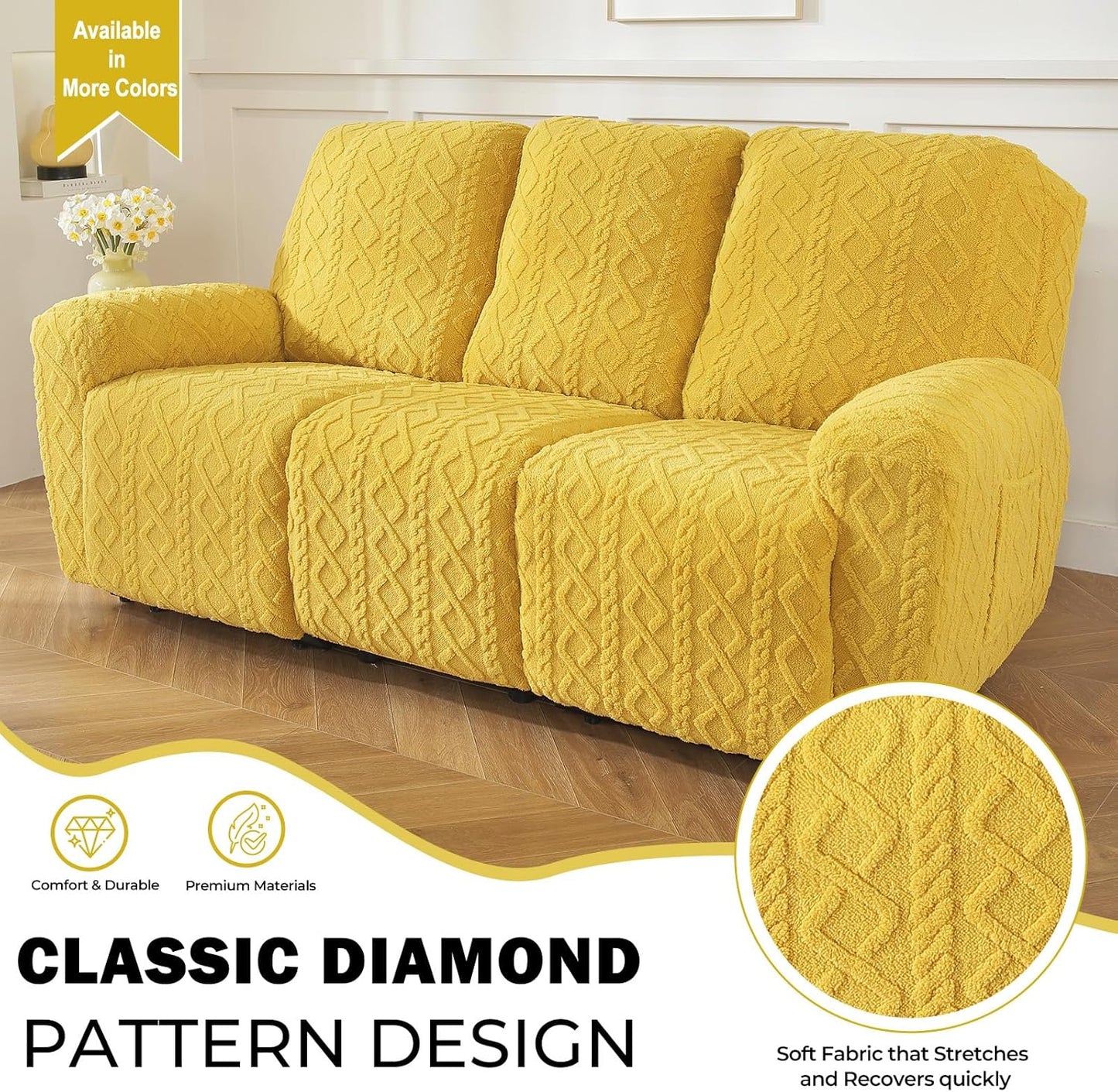 vctops 8 Pieces Geometric Jacquard Plush Recliner Sofa Covers Soft Fuzzy Fluffy 3 Seats Couch Cover Anti-Slip Sofa Slipcover Furniture Protector with Elastic Bottom for Kids Pet(Yellow,3 Seat)