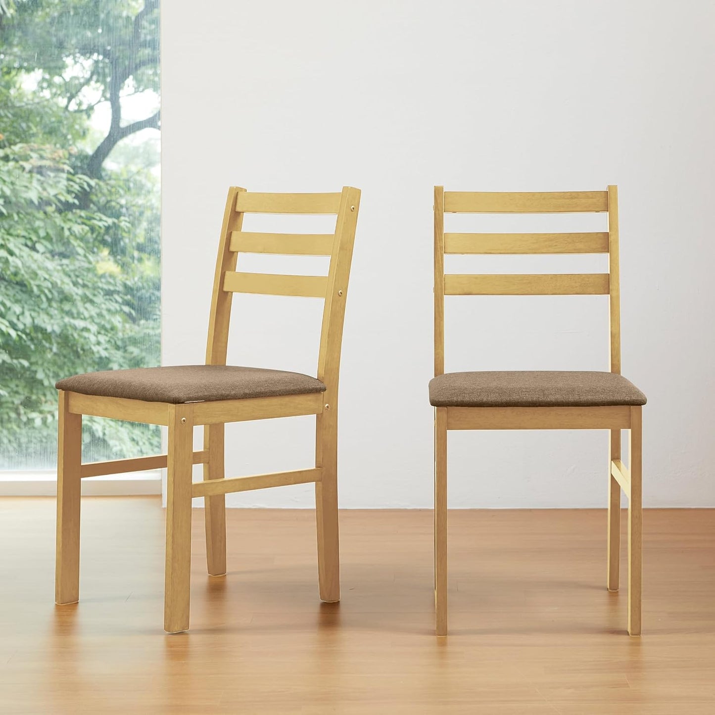 Livinia Seattle Modern Farmhouse Kitchen Dining Room Chair Set of 2, Solid Wood Fabric Upholstered Cushion Seat Wood Ladder Back Chairs (Natural)