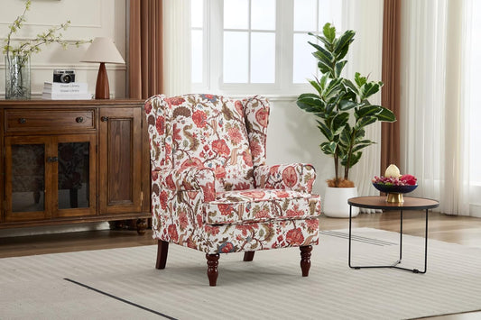 Ball & Cast Modern Accent Chair,Comfy Upholstered Armchair with Retro Wood Legs,Floral Design Single Sofa Chair,Living Room Furniture for Apartment,Bedroom,Office,Linen Fabric,Floral Red