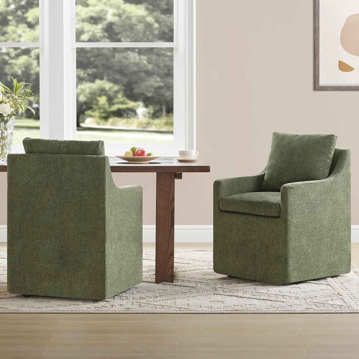 Upholstered Dining Chairs with Casters No Assembly Modern Accent Armchair with Rollers for Diningroom Bedroom Livingroom Reading Room,Green,2 Boxs