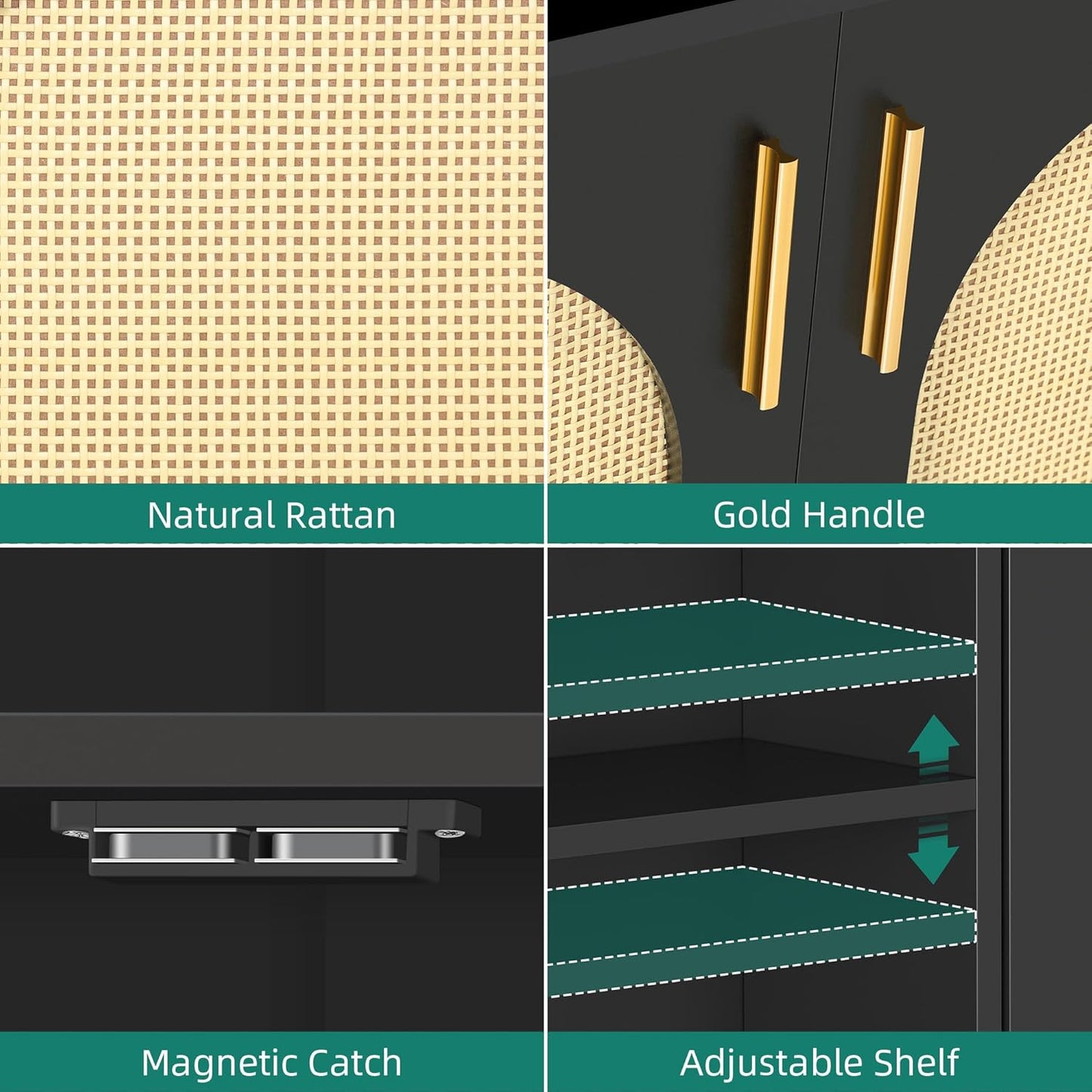 DWVO Buffet Sideboard Cabinet, Accent Storage Cabinet with Natural Rattan Doors and Adjustable Shelves for Kitchen, Living Room and Hallway, Black