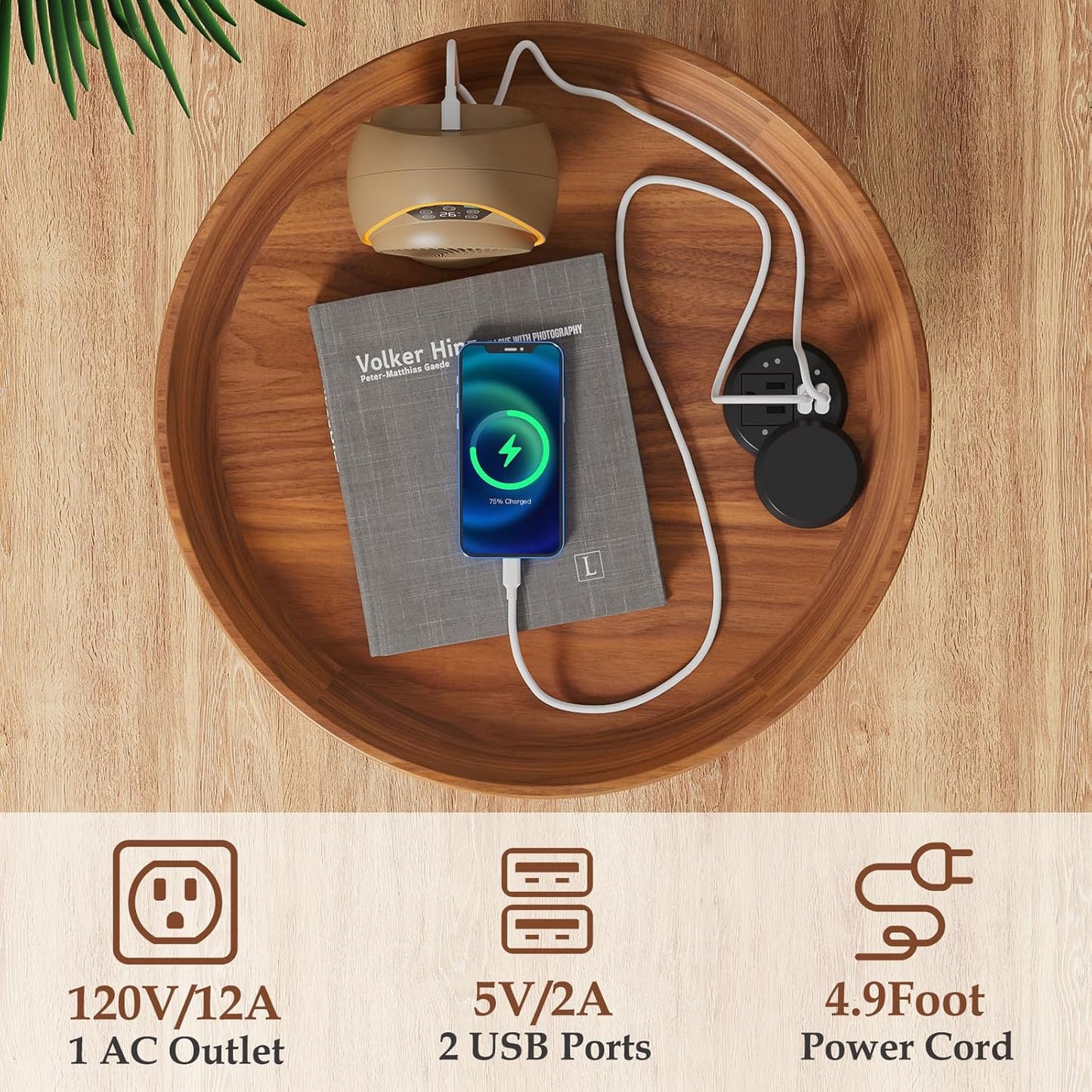 Gadroad Round End Table with Charging Station, USB Ports, Wood Tabletop & Black Metal Frame, 2-Tier Side Table for Living Room, Bedroom, Brown 15.7 * 15.7 * 23.0inches