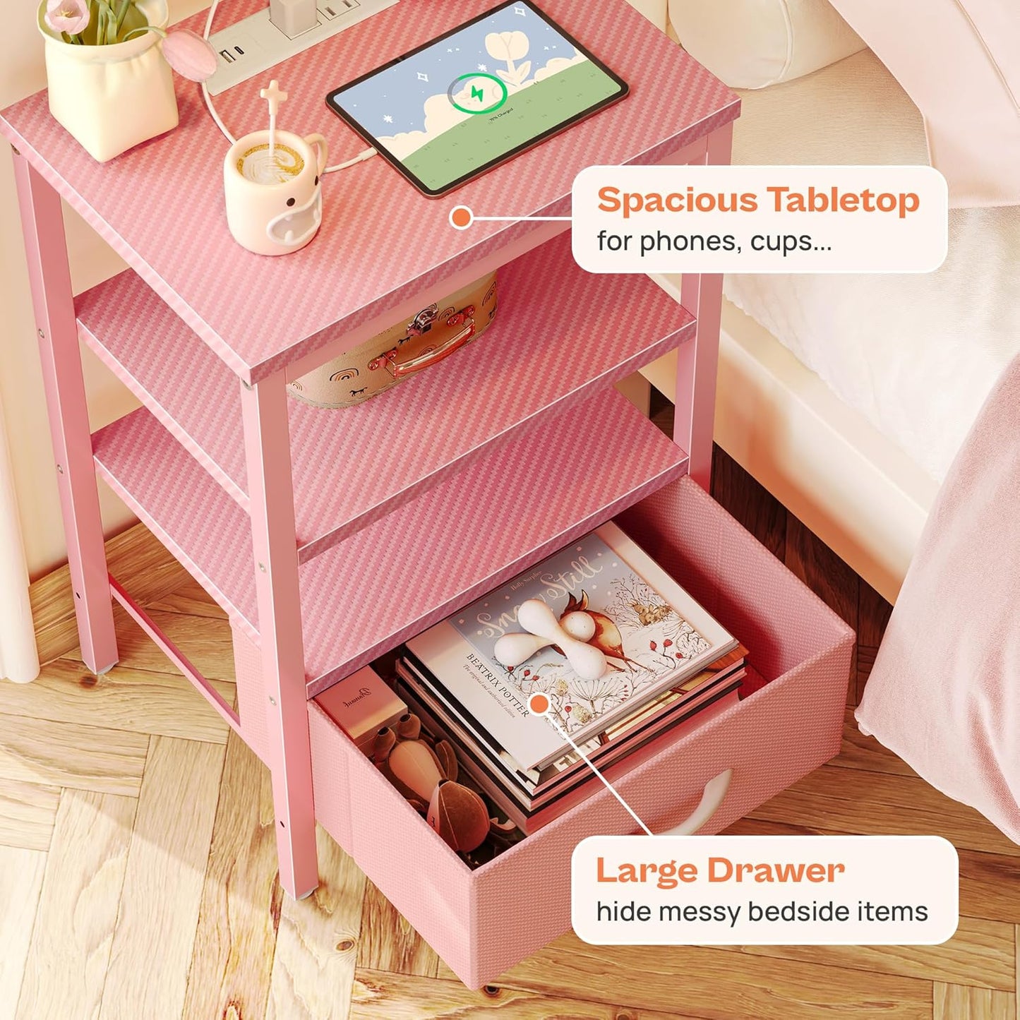 SUPERJARE Nightstand with Charging Station, Bed Side Table with Adjustable Fabric Drawer, Night Stand for Bedroom, 3-Tier Storage End Table, for Living Room, Pink