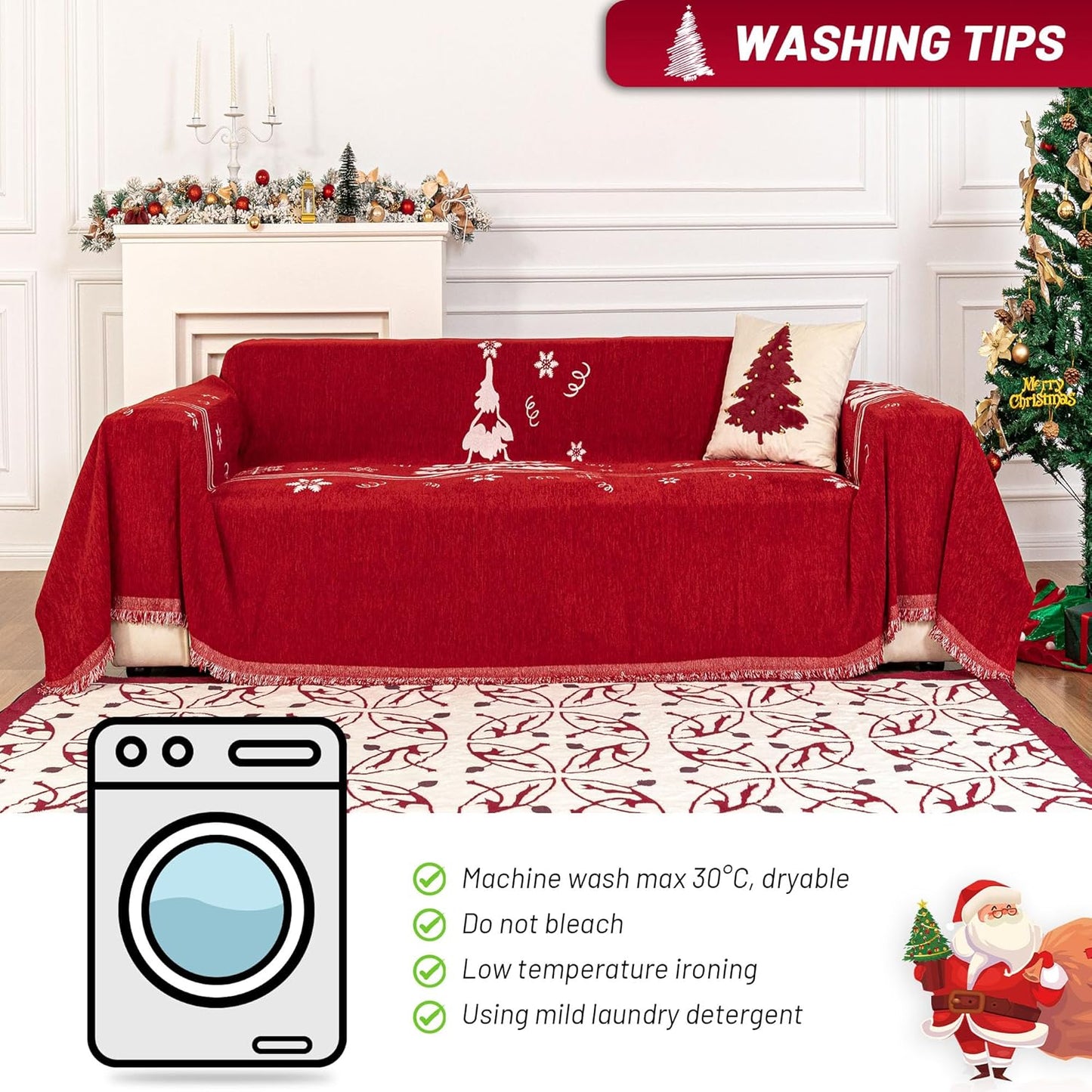 MYSKY HOME Couch Covers for Pets Thick Chenille Christmas Red Sofa Slipcover Non Slip Soft Couch Sofa Cover, Washable Furniture Protector Sofa Slipcover with Tassel for Kids, Dogs, 71"x118"