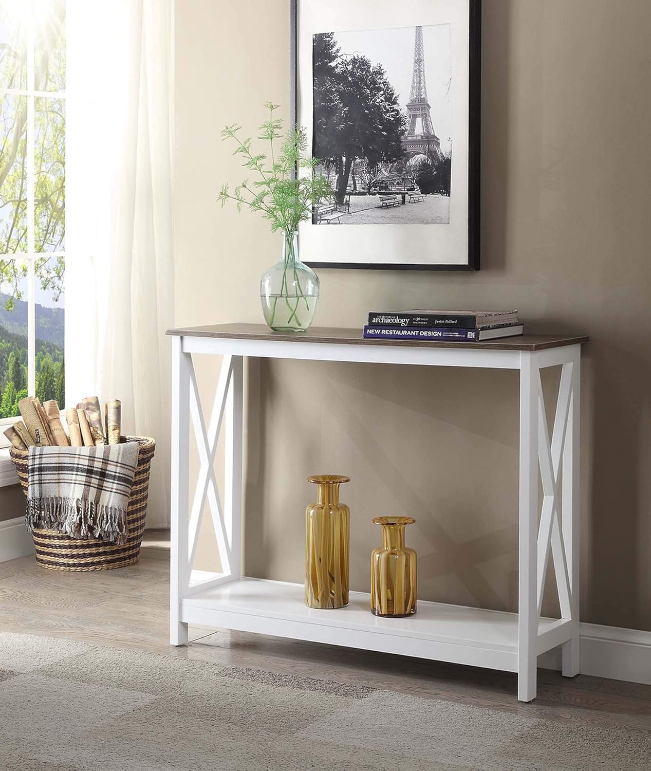 Convenience Concepts Oxford Console Table 39.5" - Sofa Table with Storage Shelf, Transitional Entryway Hall Table for Living Room and Bedroom, Display Foyer Table, Driftwood/White
