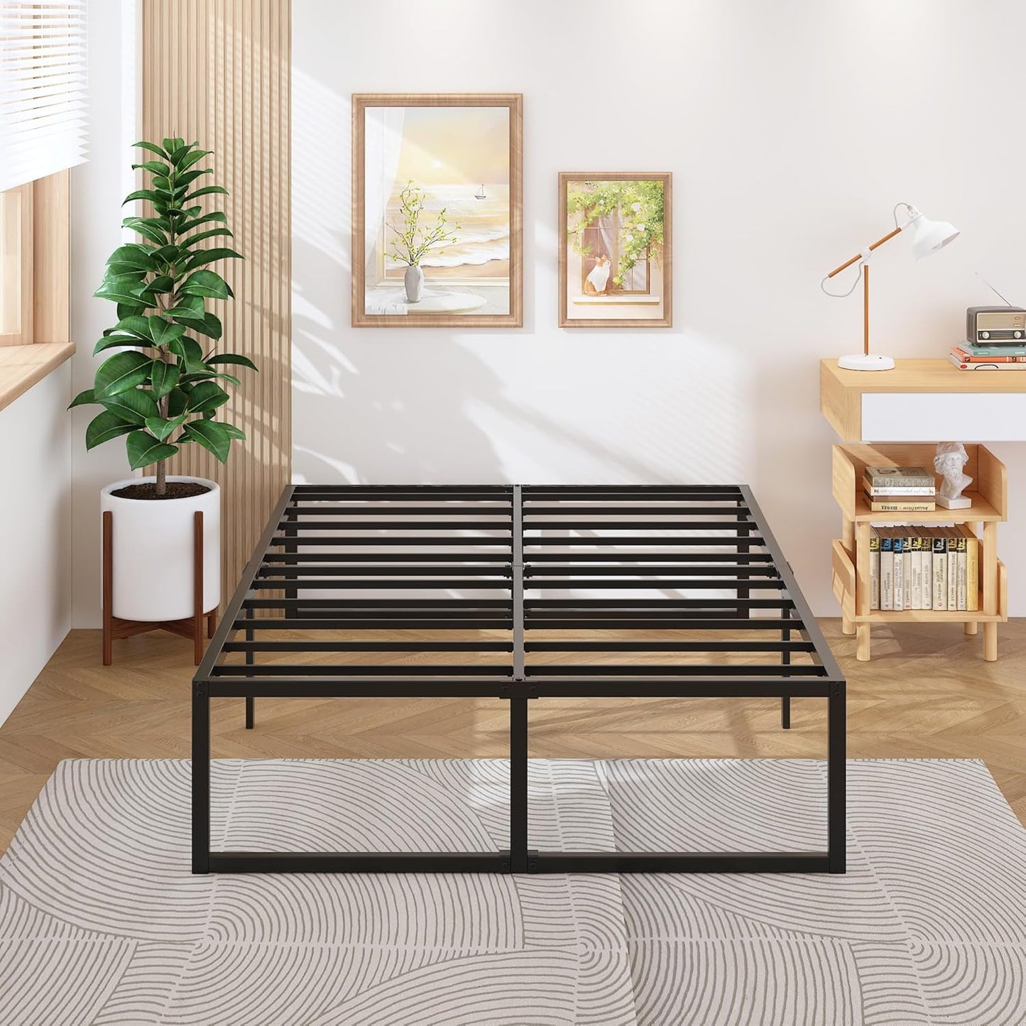 18 Inch Queen Bed Frame Heavy Duty Steel Slat Support Metal Queen Size Platform Bed Frame No Box Spring Needed, Easy Assembly, Black
