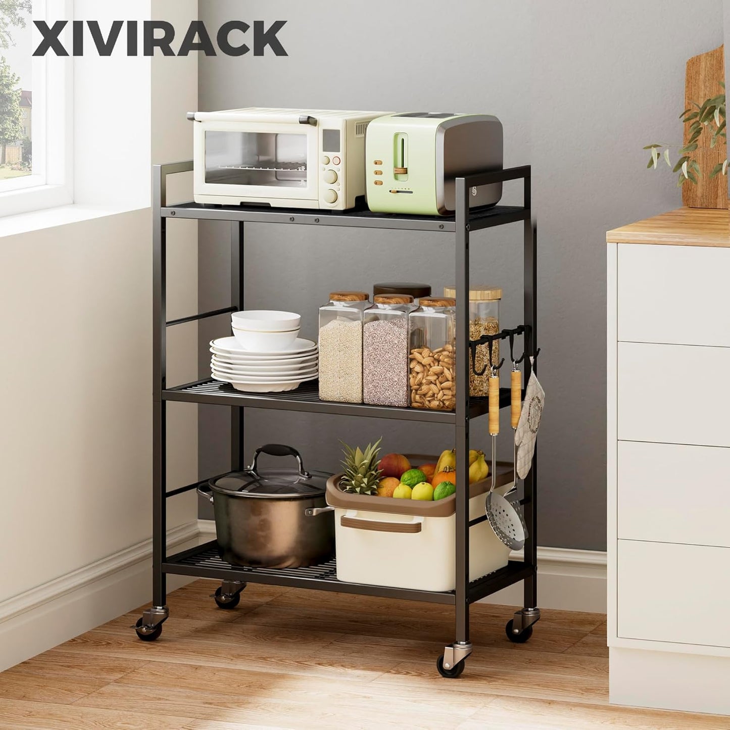 3-Tier Metal Storage Rack with Industrial Wheels,Mesh Shelving Unit with Wooden Table top,Adjustable Shelf,23.6-Inch Width,for Kitchen,Laundry,Pantry,Plant,Black panel and black frame
