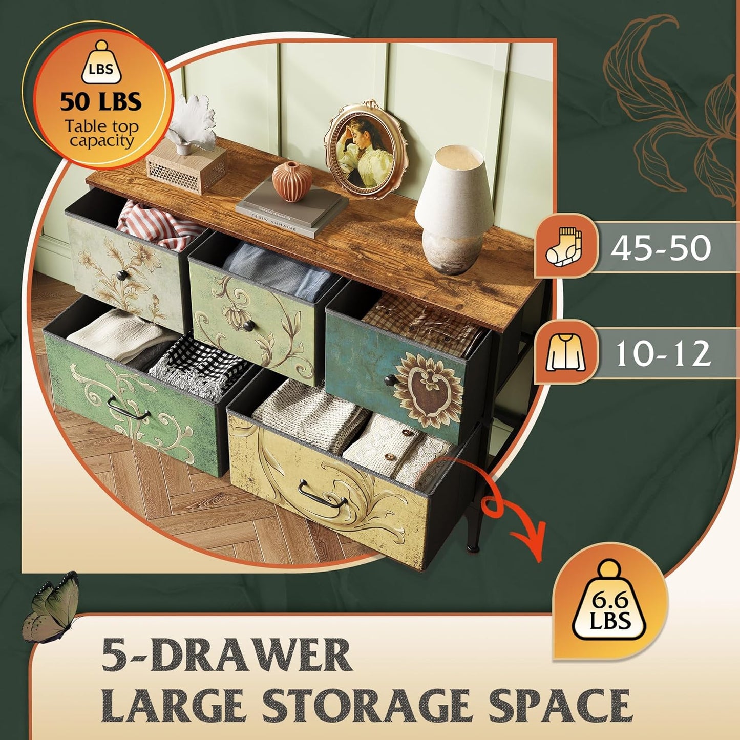 WLIVE Dresser for Bedroom with 5 Drawers, Wide Chest of Drawers, Fabric Dresser, Storage Organizer Unit with Fabric Bins for Closet, Living Room, Hallway, Floral Painted