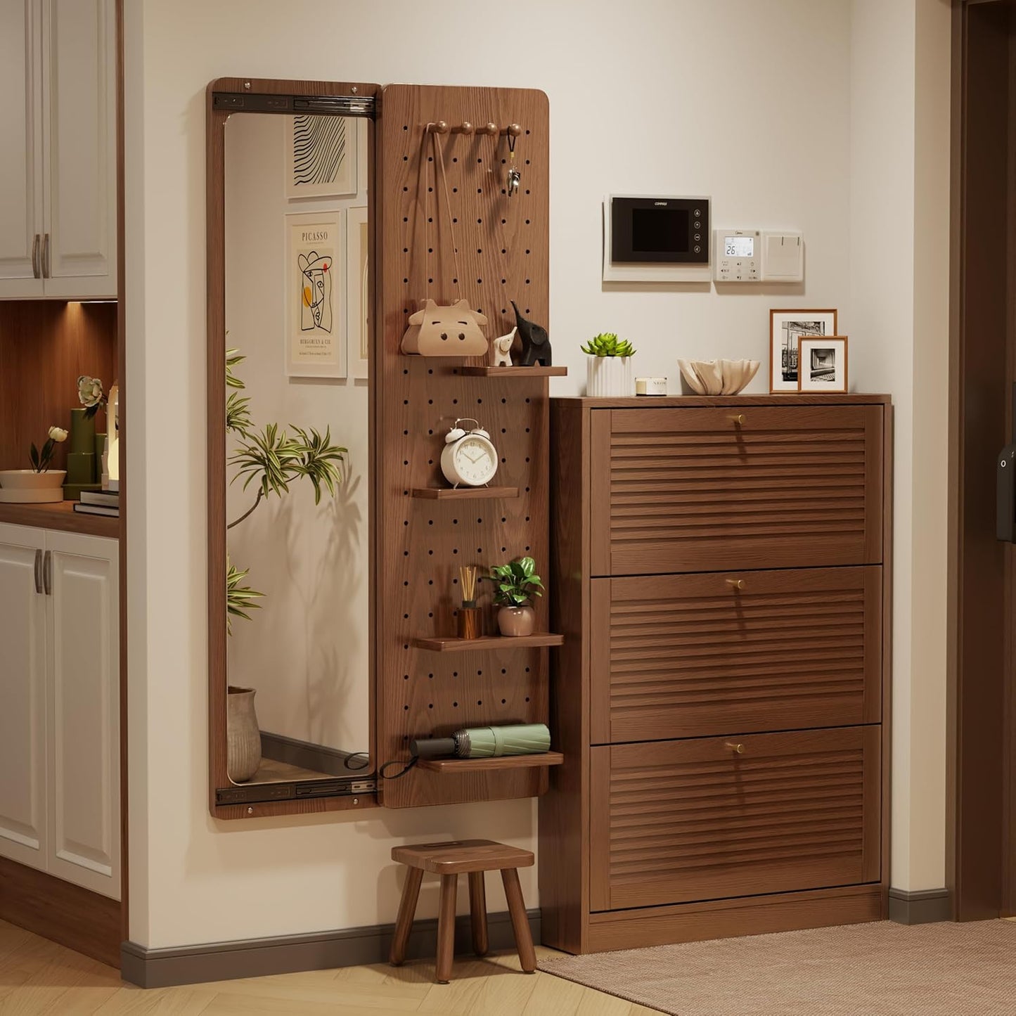 KungFuWood Full Length Mirror with Shelf and Hooks,Entry Way Mirrors for Wall,Wall Mirror with Shelf,Wall Mirror with Storage Multifunctional Design Panel,Living Room