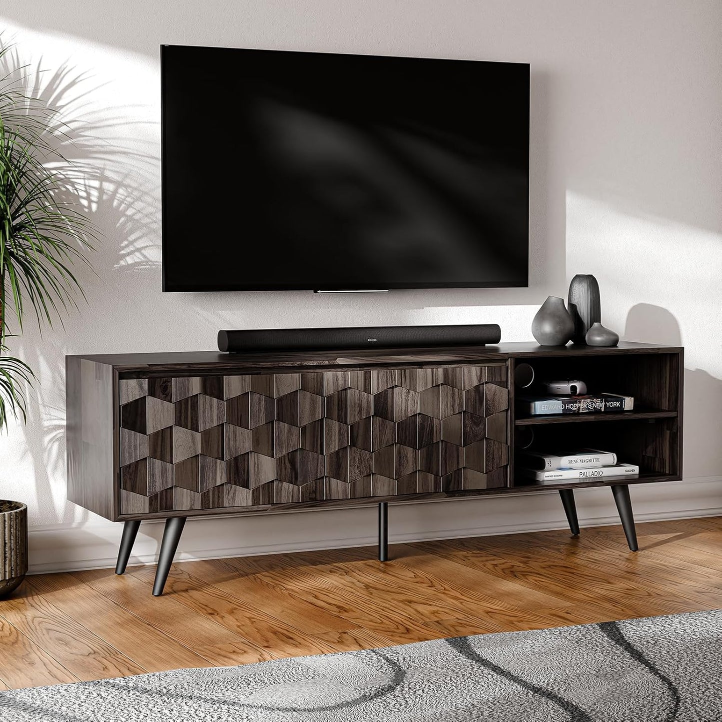 Bme Georgina 65-Inch Solid Acacia Wood TV Stand, Quick Assembly Entertainment Center with Storage, Geometric Pattern Console for Living Room, Bedroom, and Dining Room, Mocha