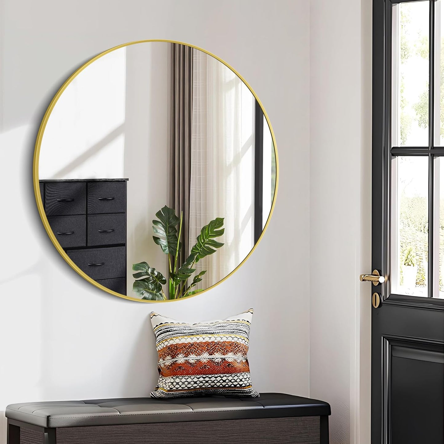 Gold Round Mirror, 39 Inch Wall Mounted Aluminum Alloy Metal Frame Mirror, Perfect for Bathroom, Entryway, Living Room