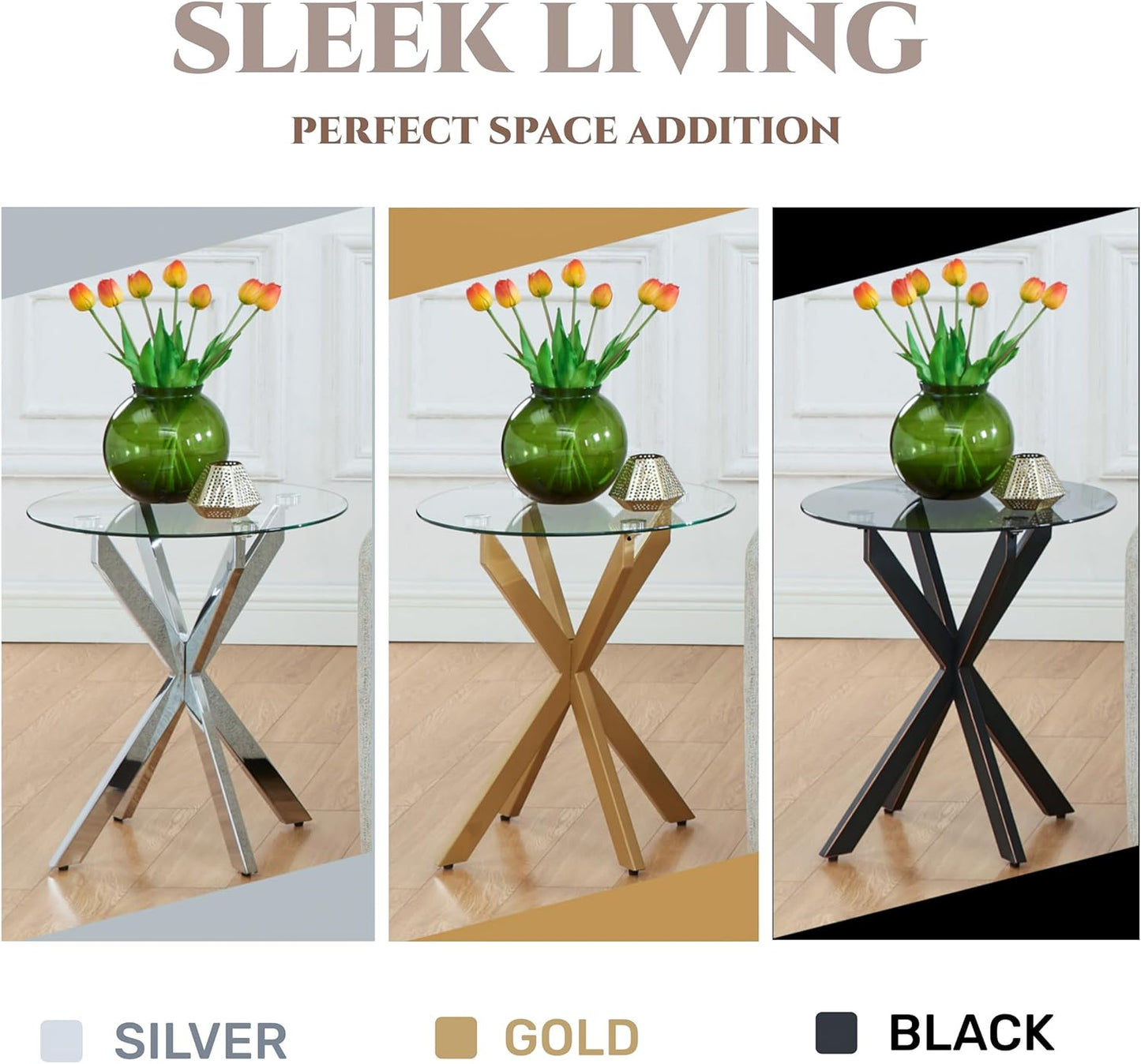 Modern Glass End Table, Small Round Side Table for Couch, Sofa Table with Clear Tempered Glass Top for Living Room, Bedroom, Bedside, 19.7" Wx21.7 H Gold