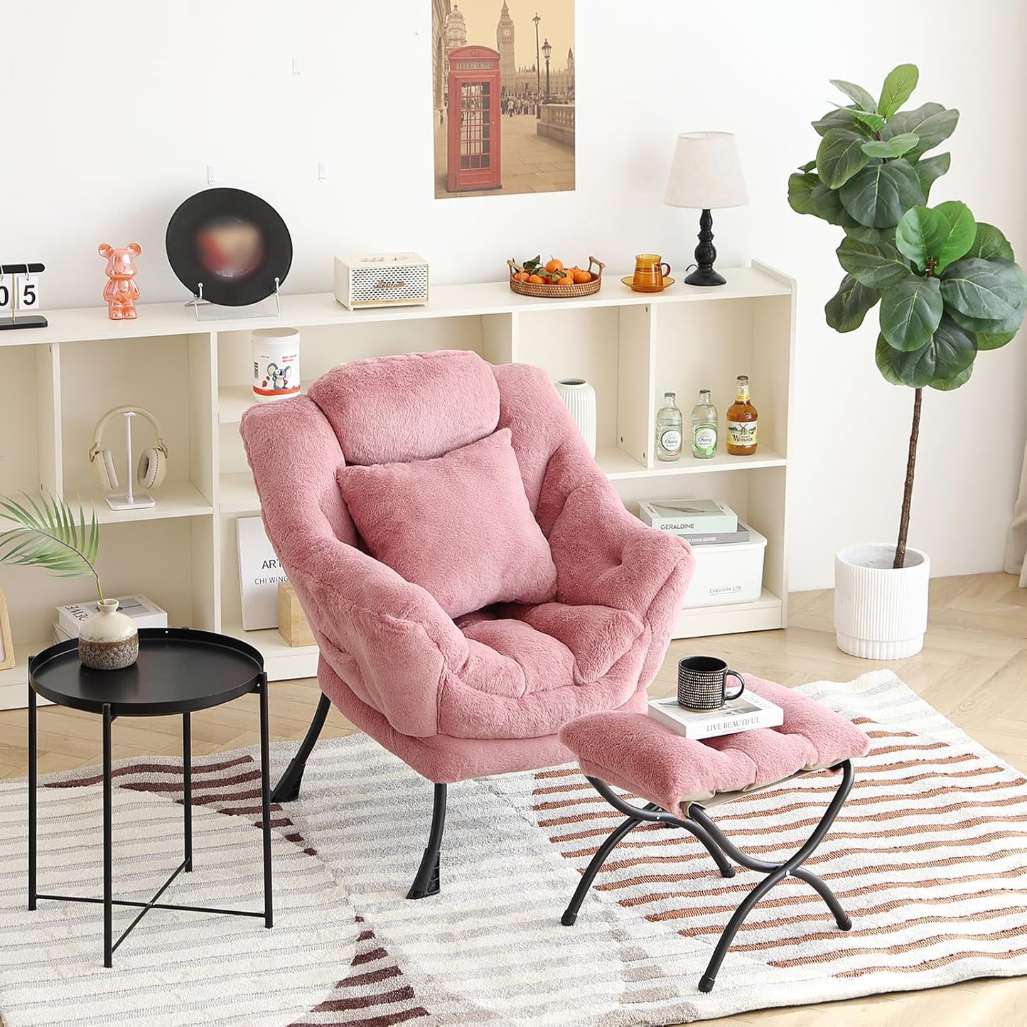 Lazy Chair with Ottoman, Comfy Reading Lounge Chair with Footstool & Throw Pillow Modern with Armrests & Side Pocket for Living Room, Bedroom, Dorm Room, Plush Dark Pink