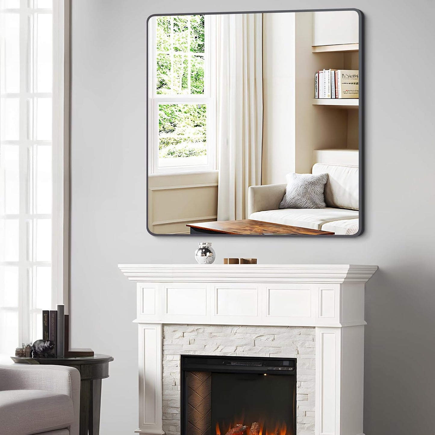 FORBATH Bathroom Mirror 36" x 36"，Large Square Wall Mirror with Black Aluminum Frame Rounded Corner, Wall Mounted Mirror for Bathroom Bedroom Entryway Living Room