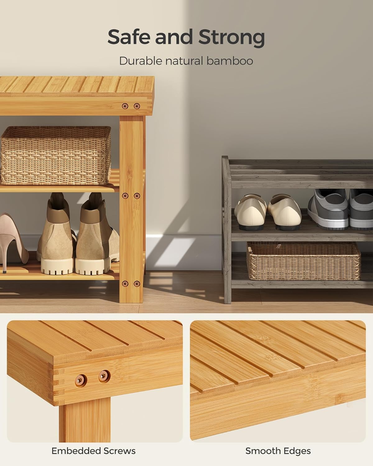 SONGMICS Shoe Rack Bench, 3-Tier Bamboo Shoe Storage Organizer, Entryway Bench, Holds Up to 286 lb, 11.3 x 35.4 x 17.8 Inches, for Entryway Bathroom Bedroom, Natural ULBS90N