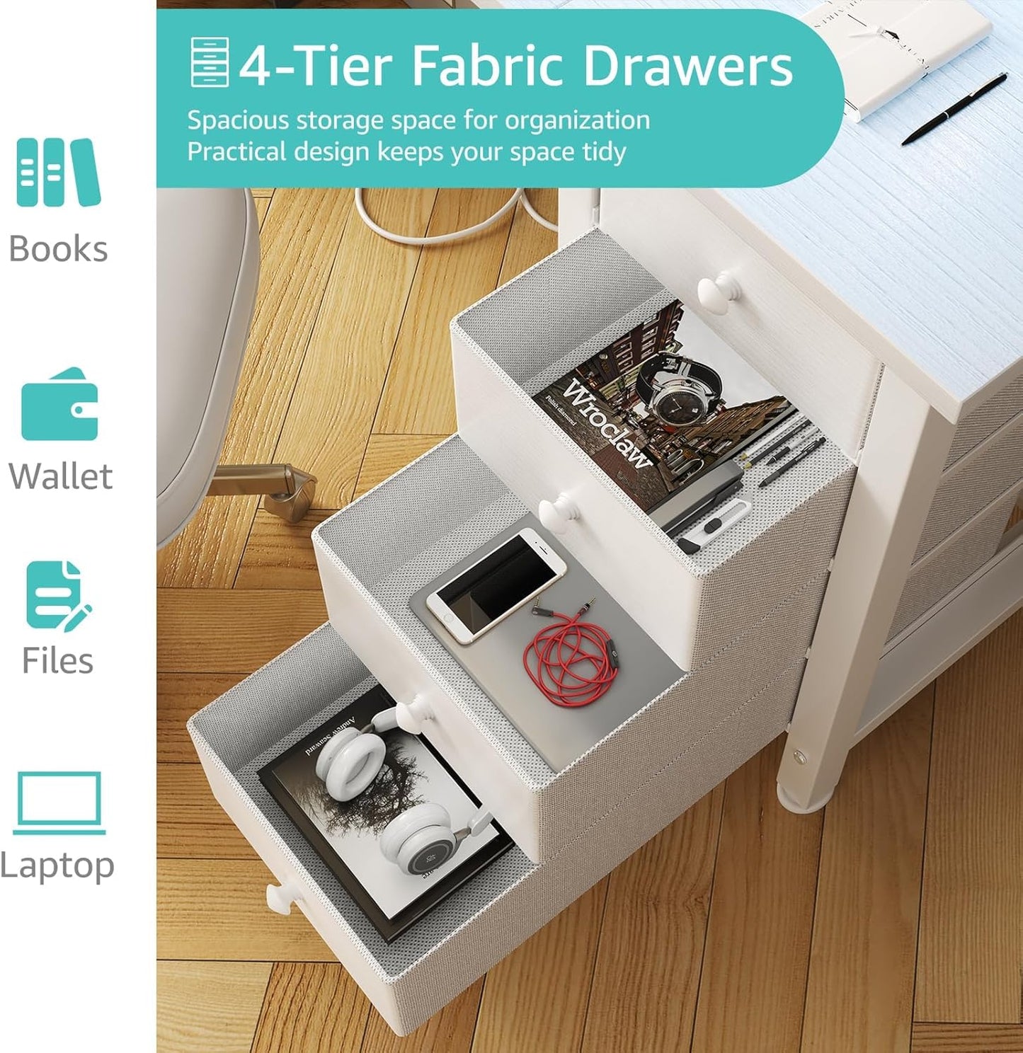 Lufeiya White Desk with Drawers Storage - 47 inch Home Office Computer Gaming Desks with Monitor Stand LED Lights and Power Outlets, White